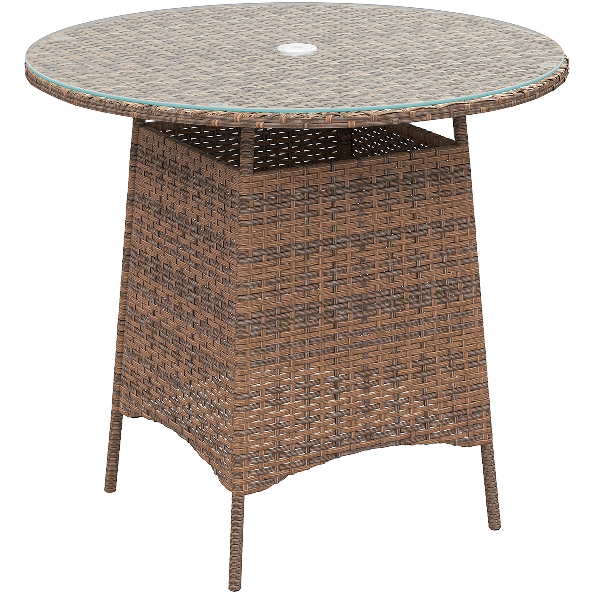 Outsunny Wicker Garden Rattan Table, Patio Furniture Outdoor Coffee Table with Umbrella Hole and Tempered Glass Top, Brown - North Peak Garden Furniture