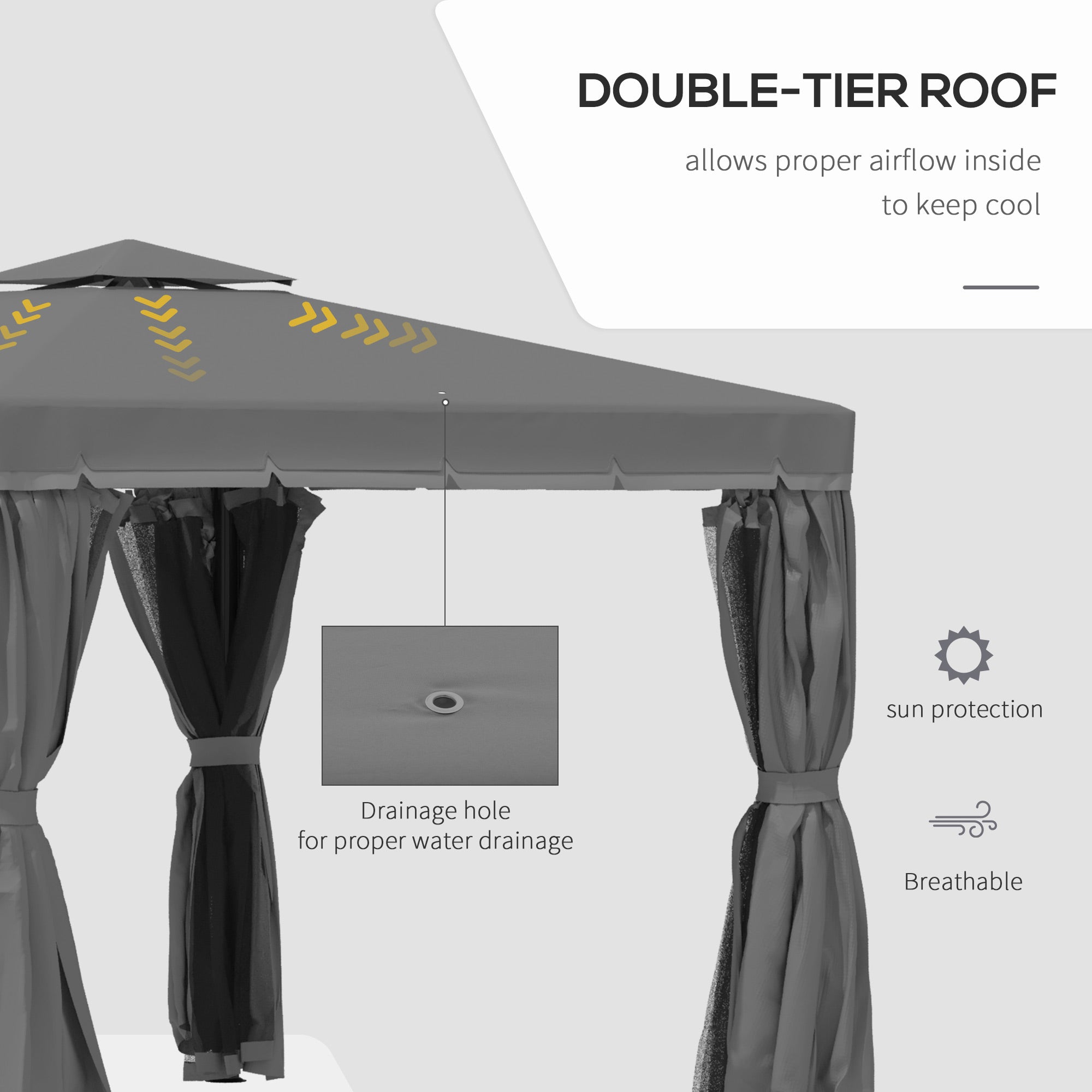 Outsunny 3 x 3(m) Patio Gazebo Canopy Garden Pavilion Tent Shelter Marquee with 2 Tier Water Repellent Roof, Mosquito Netting and Curtains, Aluminium Frame, Dark Grey - North Peak Garden Furniture