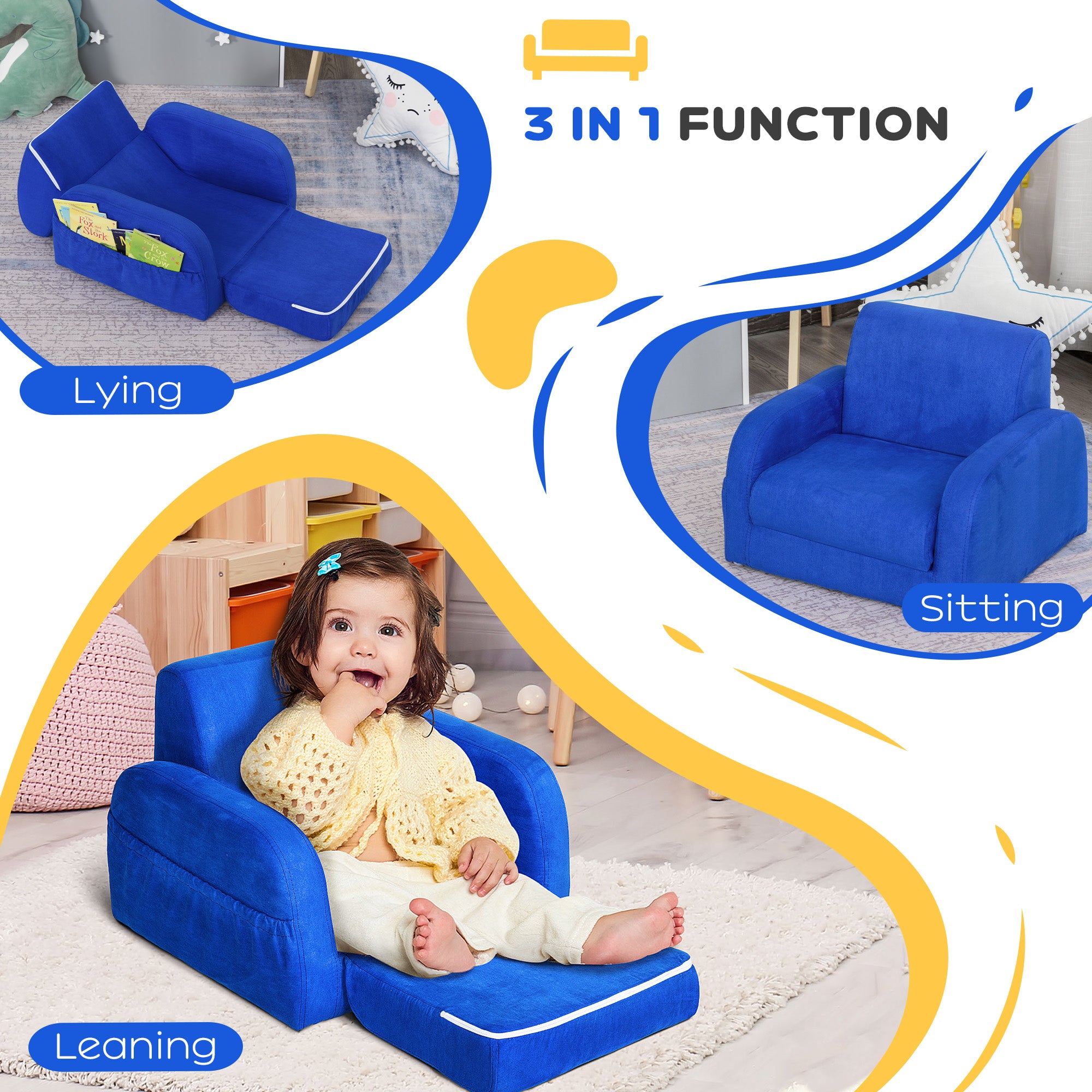 HOMCOM 2 In 1 Kids Armchair Sofa Bed Fold Out Padded Wood Frame Bedroom Blue