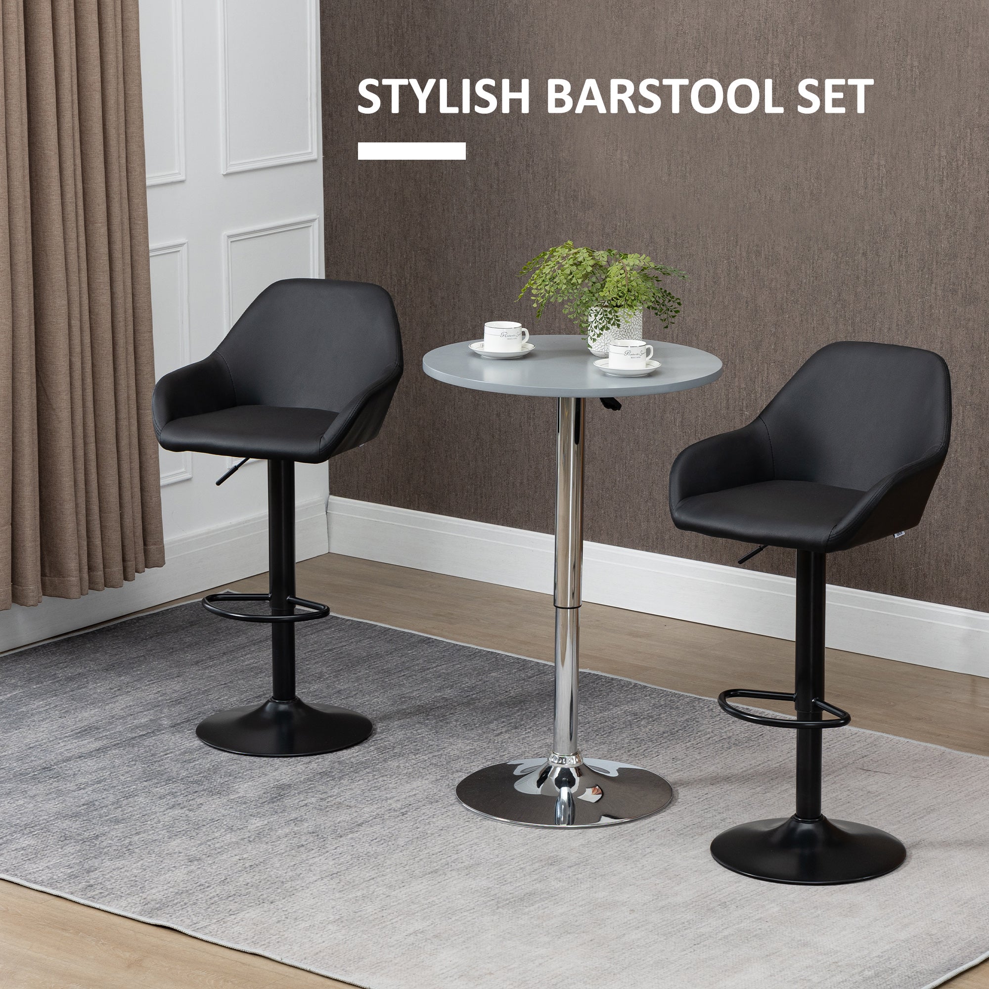 HOMCOM Adjustable Bar Stools Set of 2, Swivel Barstools with Footrest and Backrest, PU Leather and Steel Base, for Kitchen Counter and Dining Room, Black - North Peak Garden Furniture