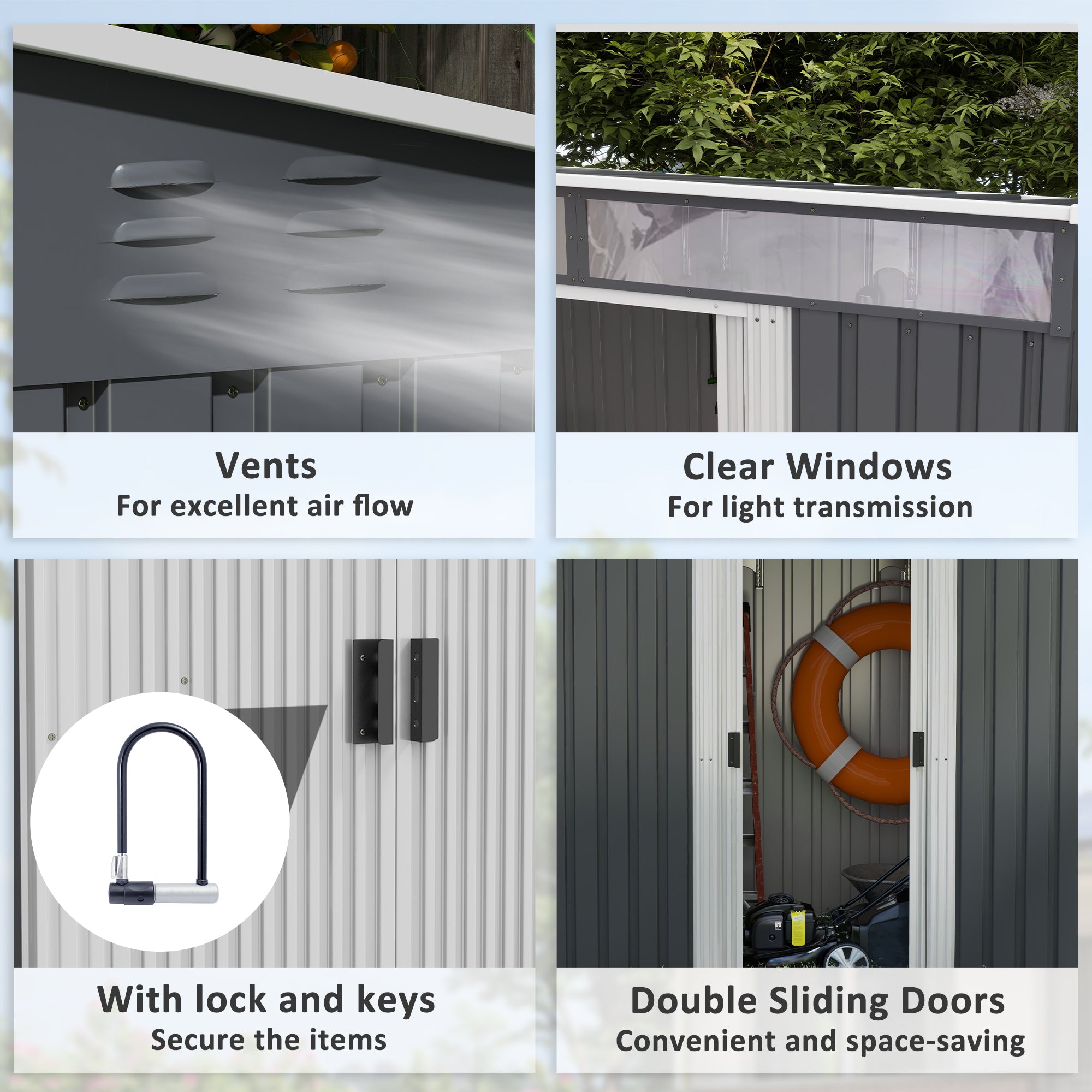 Outsunny 6.5 x 4FT Galvanised Metal Shed with Foundation Kit, Lockable Tool Garden Shed with Double Sliding Doors, Vents, Grey - North Peak Garden Furniture