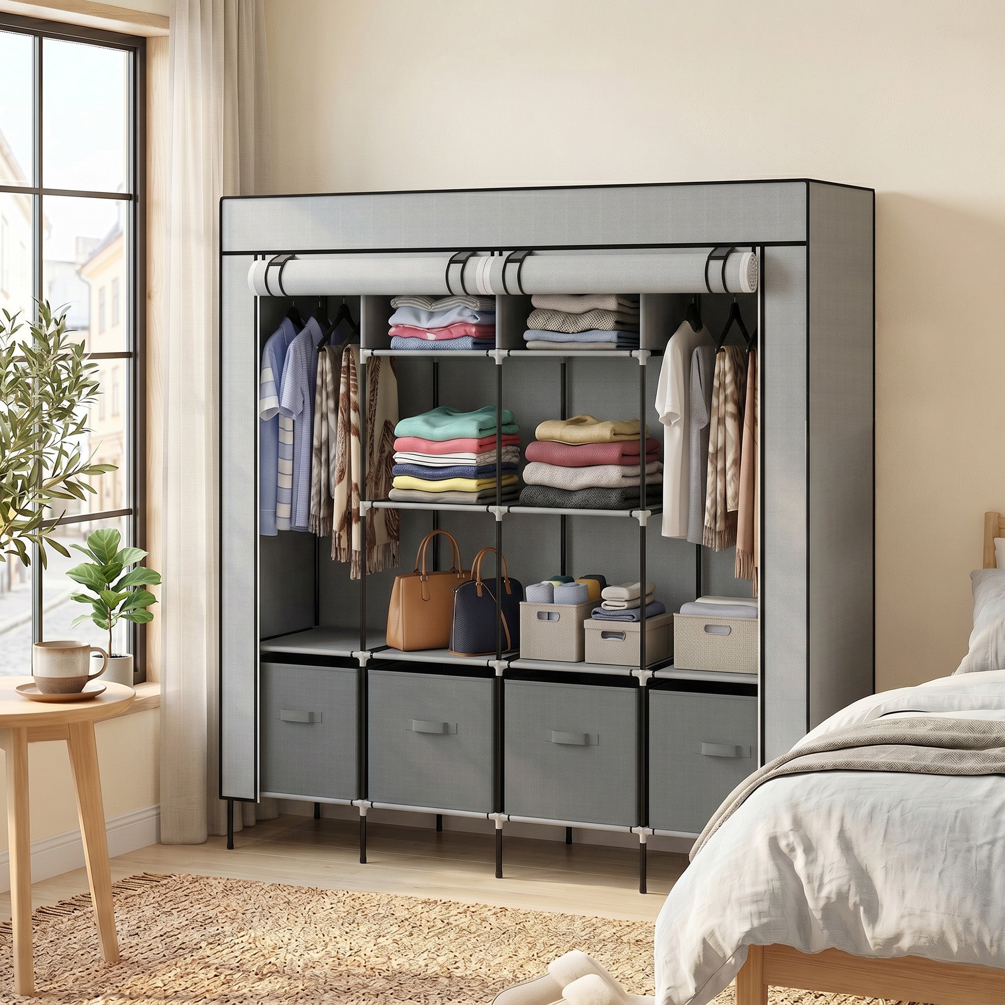 HOMCOM Fabric Wardrobe for Bedroom, Portable Cloth Wardrobe with 10 Compartments, 2 Hanging Rails and 4 Fabric Drawers, 166 x 42.5 x 169.5cm, Dark Grey