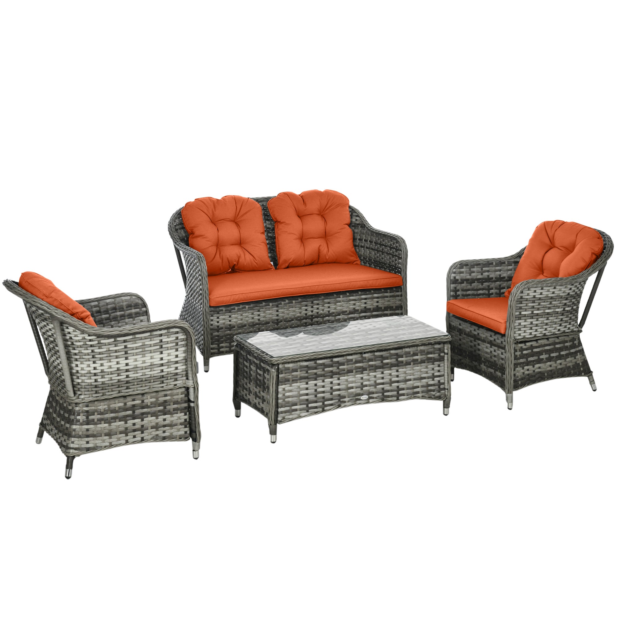 Outsunny Four-Piece Rattan Sofa Set, with Glass-Top Table - Orange - North Peak Garden Furniture