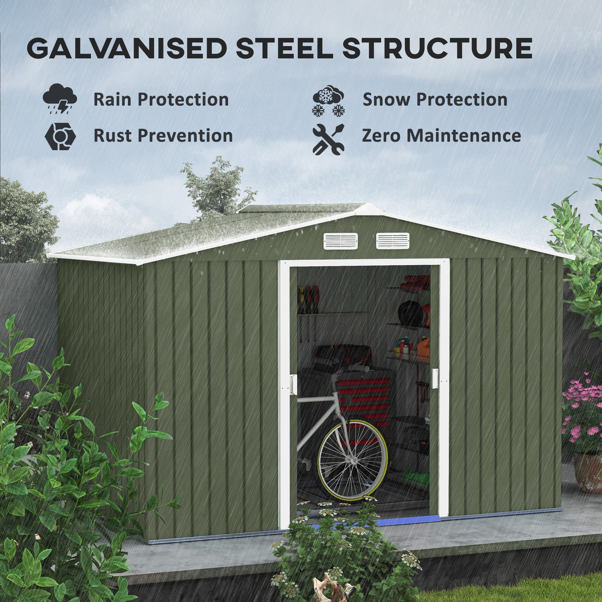 Outsunny 9 x 6ft Metal Garden Shed, Outdoor Storage Tool House with Ventilation Slots, Foundation Kit and Lockable Double Doors, Light Green - North Peak Garden Furniture
