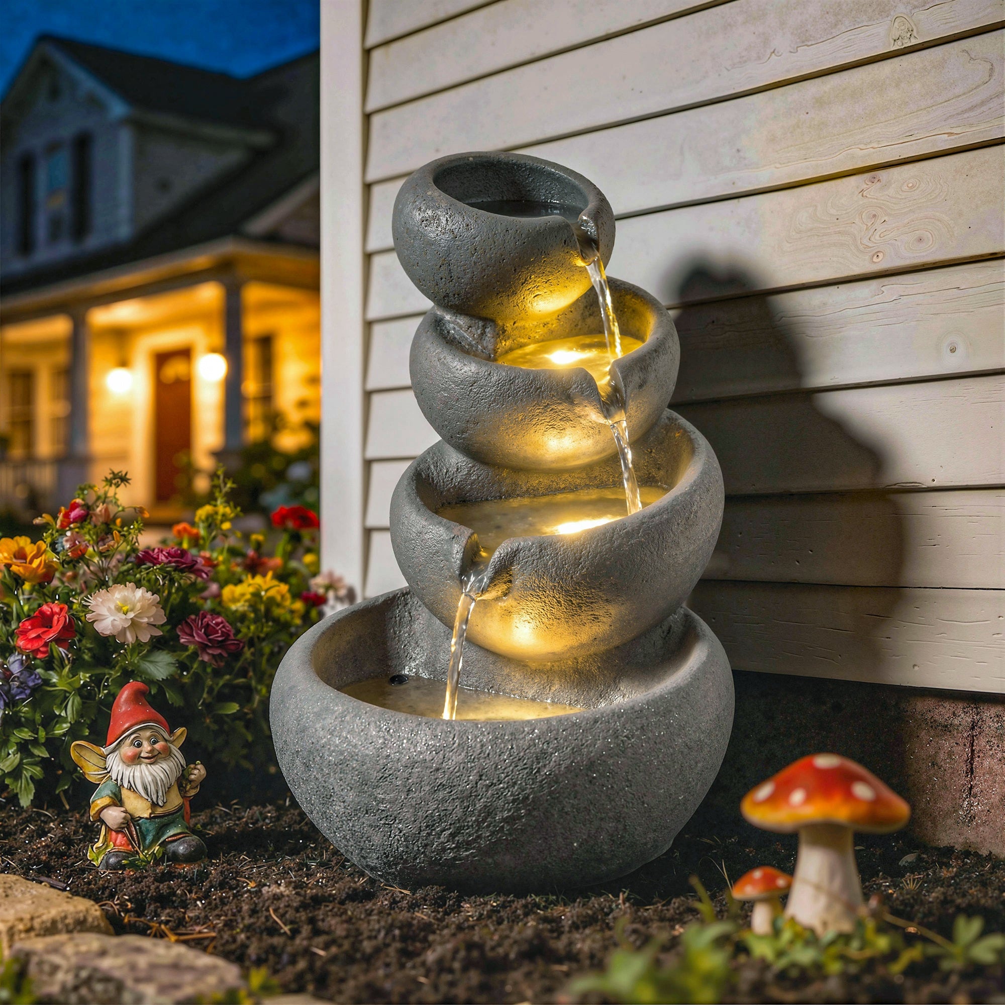 Outsunny 4-Tier Water Fountain Outdoor, Garden Water Feature with LED Lights and Pump, Freestanding Resin Waterfall for Patio