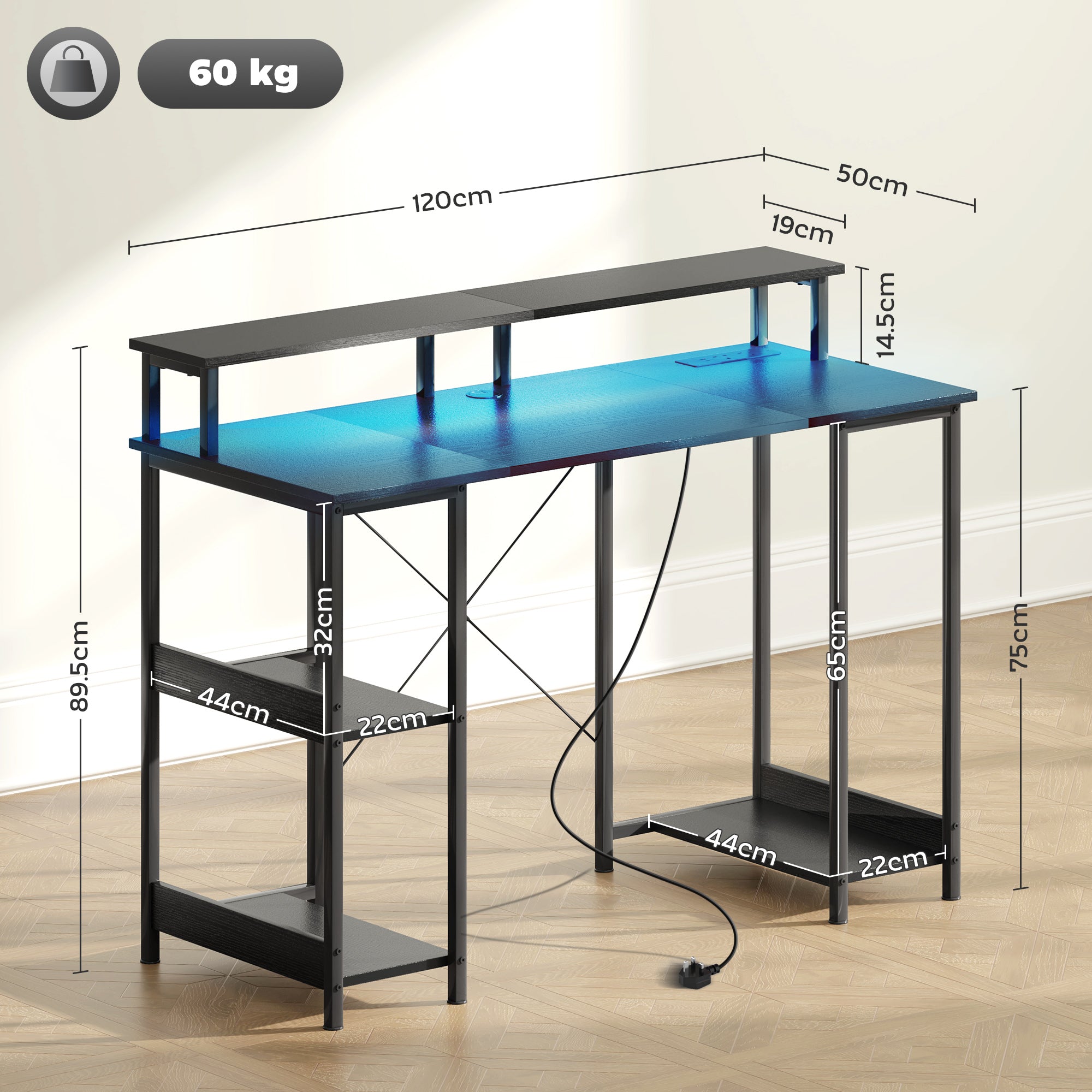 HOMCOM Computer Desk with Power Outlets and LED Lights, 120 x 50cm Reversible Home Office Desk with Monitor Stand and 2-Tier Storage Shelves, Gaming Desk with Cable Management, Black - North Peak Garden Furniture