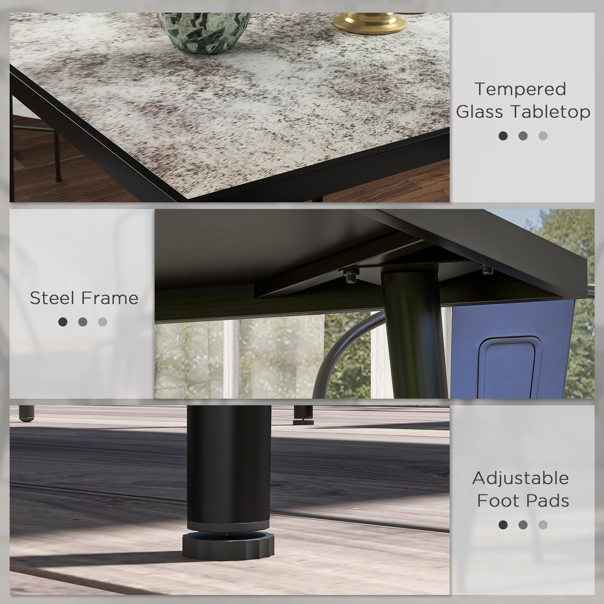 Outsunny Square Garden Table, Outdoor Dining Table for 4 with Marble Effect Tempered Glass Top and Steel Frame for Patio, Grey - North Peak Garden Furniture
