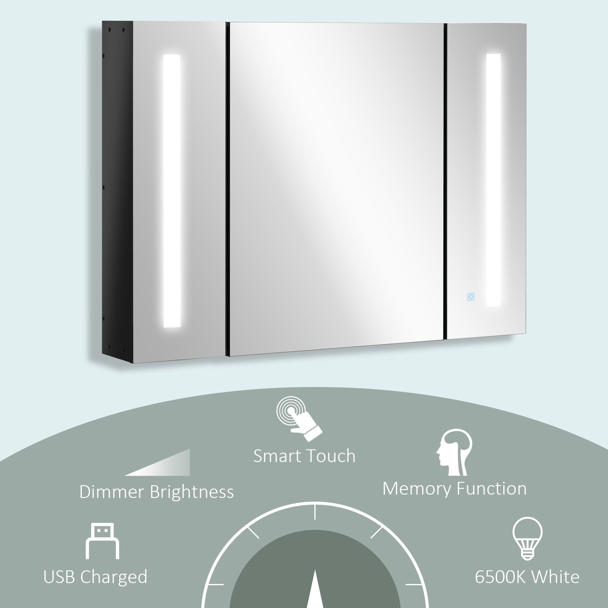 kleankin LED Bathroom Cabinet with Mirror, Wall Mounted Dimmable Brightness Storage Organiser with 3 Mirrored Doors and Adjustable Shelves, Memory Function, USB Charge, High Gloss Black - North Peak Garden Furniture