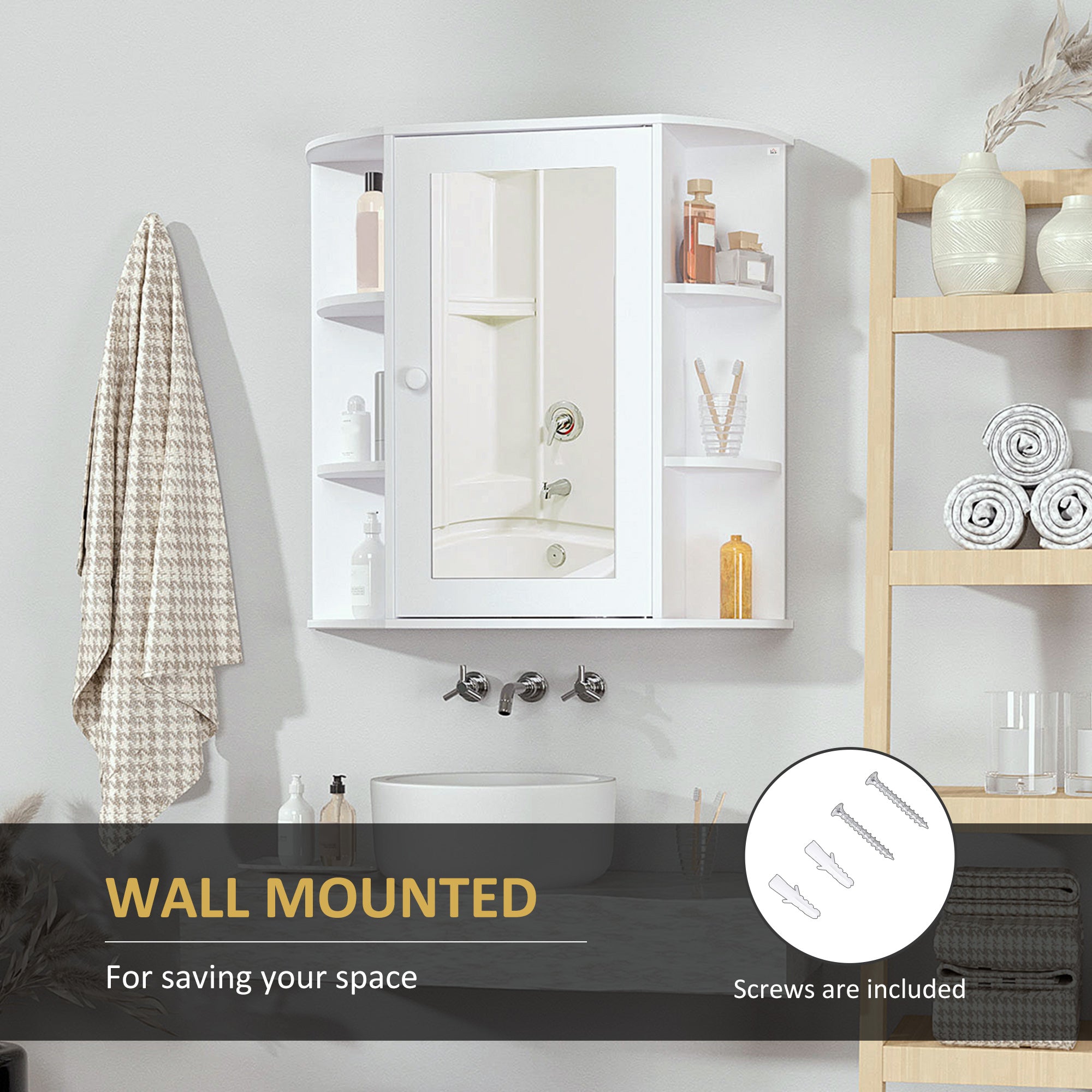 HOMCOM Wall Mounted Bathroom Cabinet with Mirror Single Door Storage Organizer 2-tier Inner Shelves White - North Peak Garden Furniture