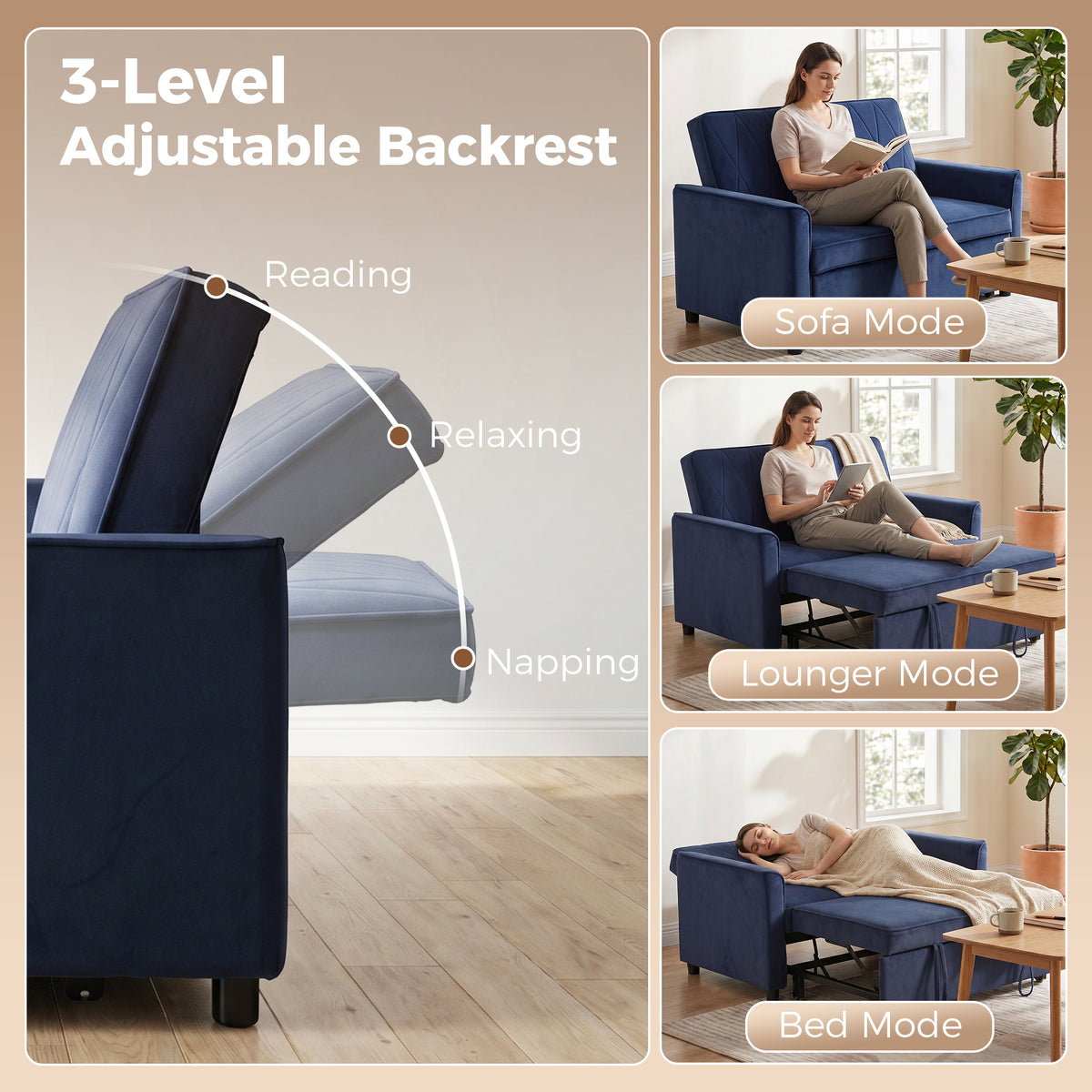 HOMCOM 2 Seater Sofa Bed, 3-in-1 Convertible Pull Out Sleeper Sofa with Click-Clack Adjustable Backrest, Dark Blue