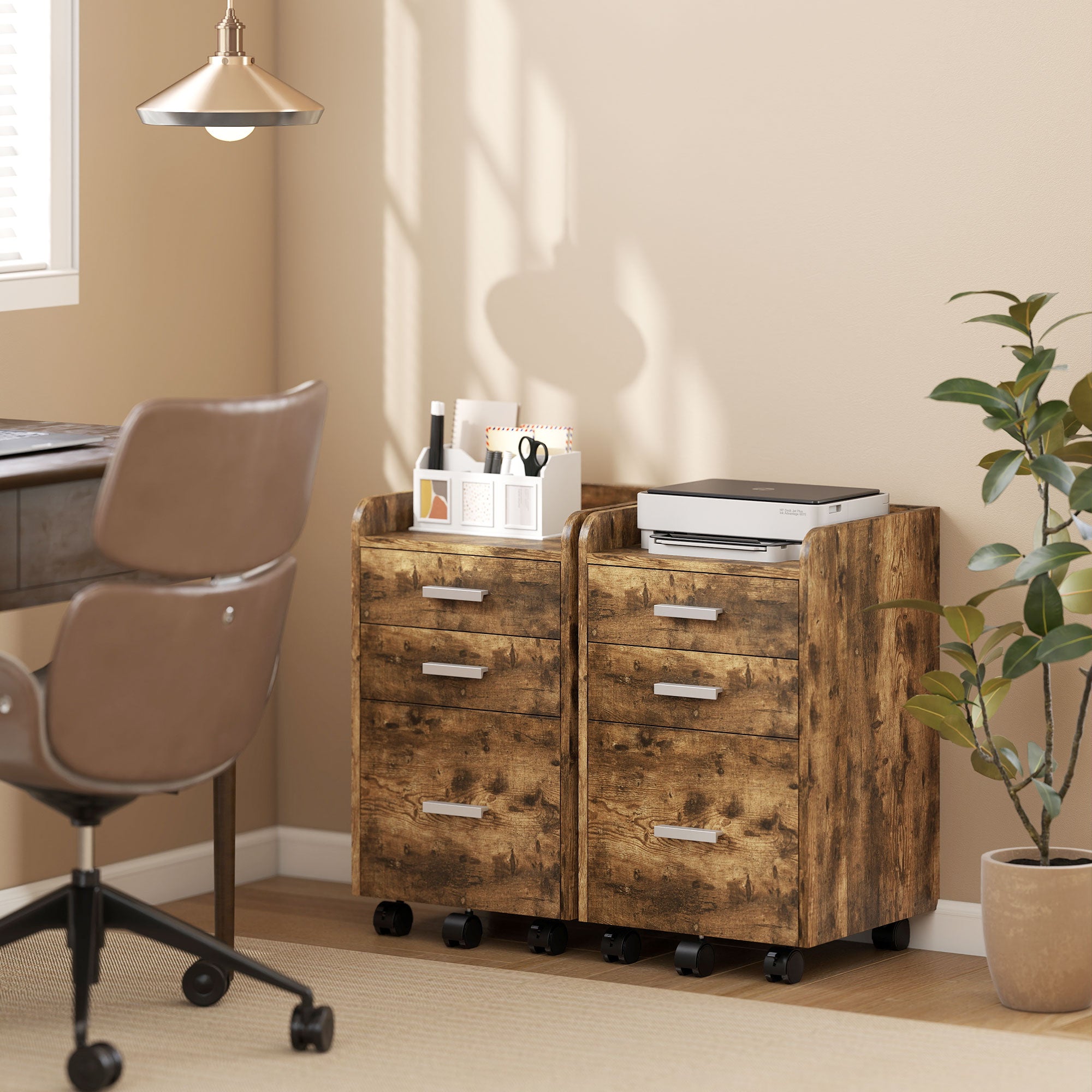 HOMCOM 3 Drawer Filing Cabinet, Rolling File Cabinet with Edged Top for Letter, A4 Size, Hanging File Folders, Rustic Brown