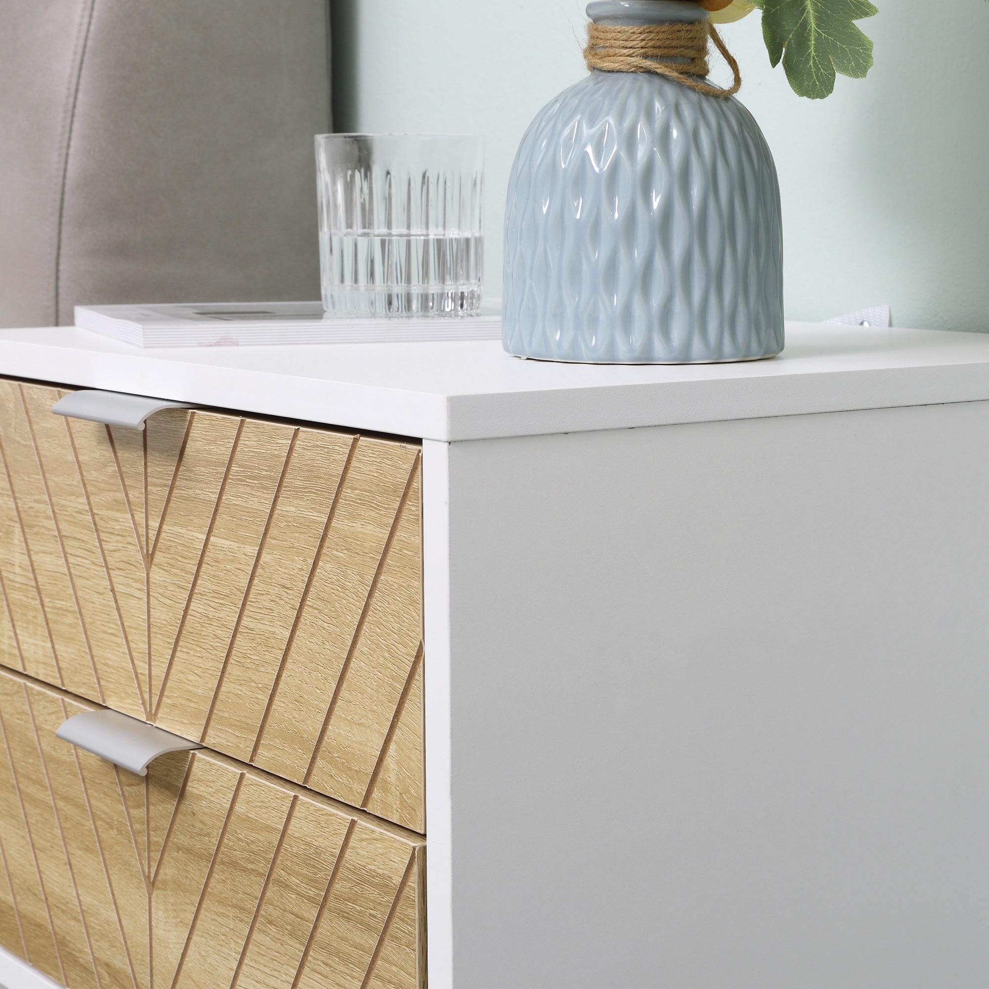 HOMCOM Modern Bedside Table with 2 Drawers and Metal Frame, Sofa Side Table for Bedroom Living Room, Set of 2, White and Oak - North Peak Garden Furniture