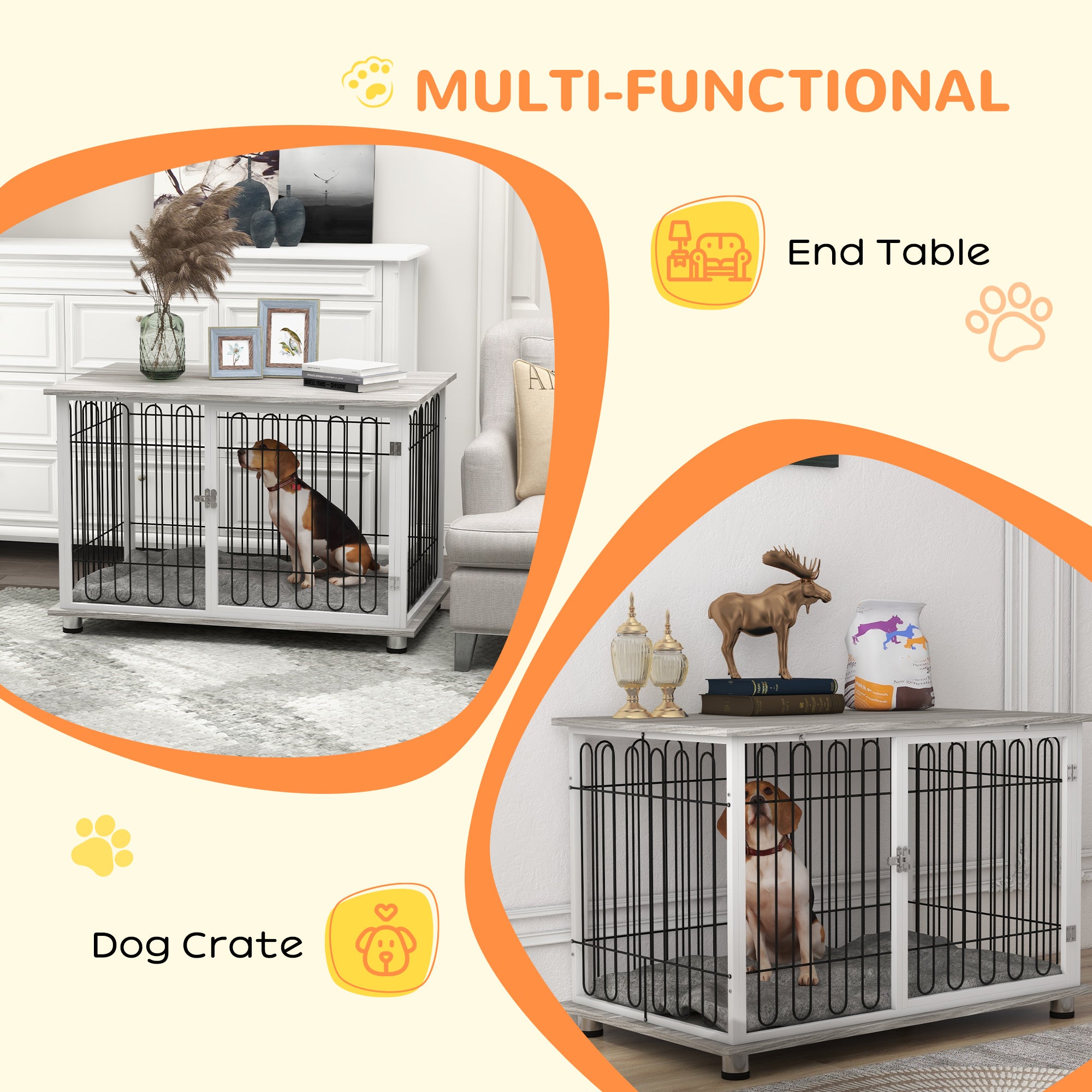 PawHut Indoor Dog Crate Furniture, Side End Table, with Soft Washable Cushion, Lockable Doors, for Large Dogs - North Peak Garden Furniture
