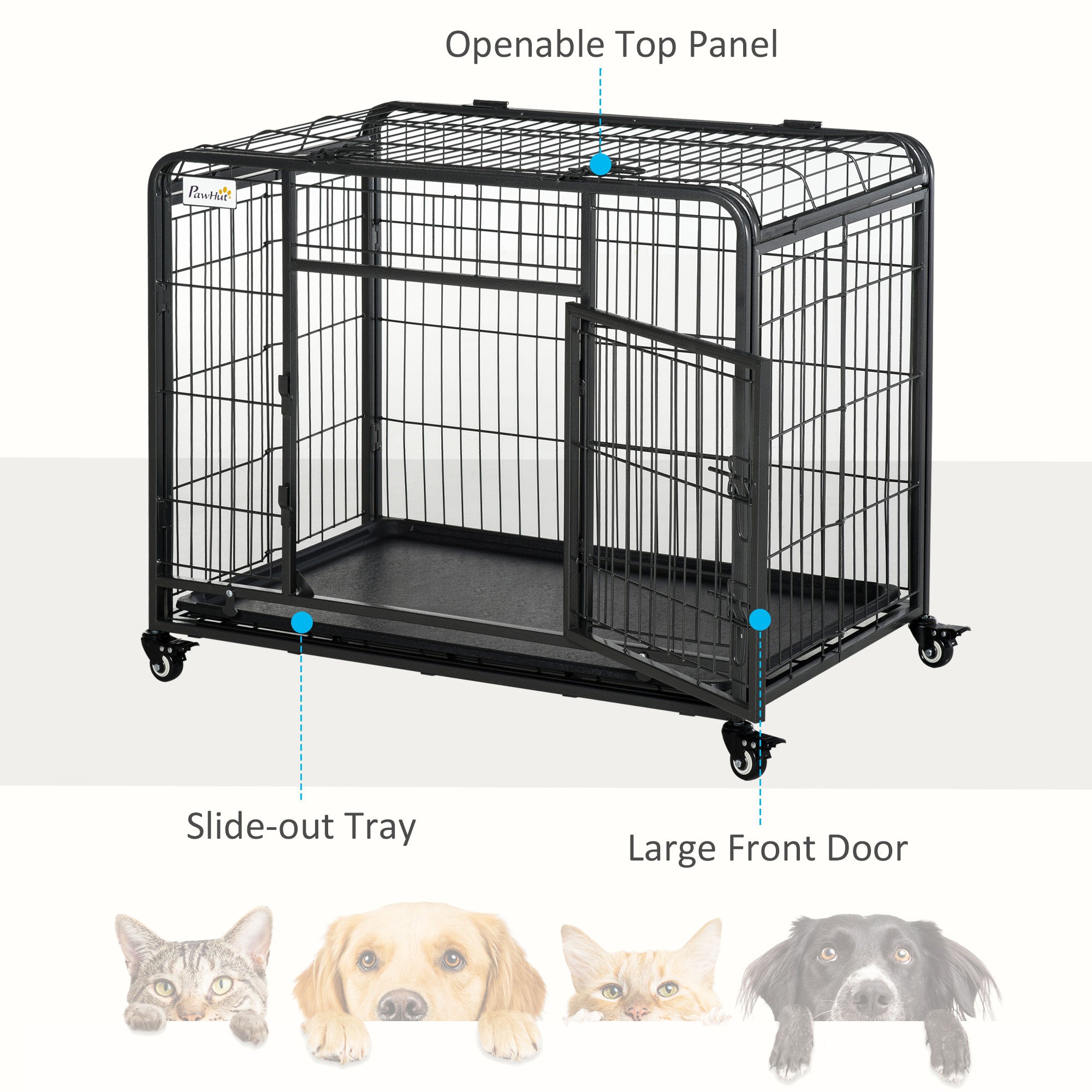 PawHut Metal Dog Cage Kennel Locking Door & Wheels Removable Tray Openable Top For Medium Pets 94 x 58 x 69.5 cm - North Peak Garden Furniture