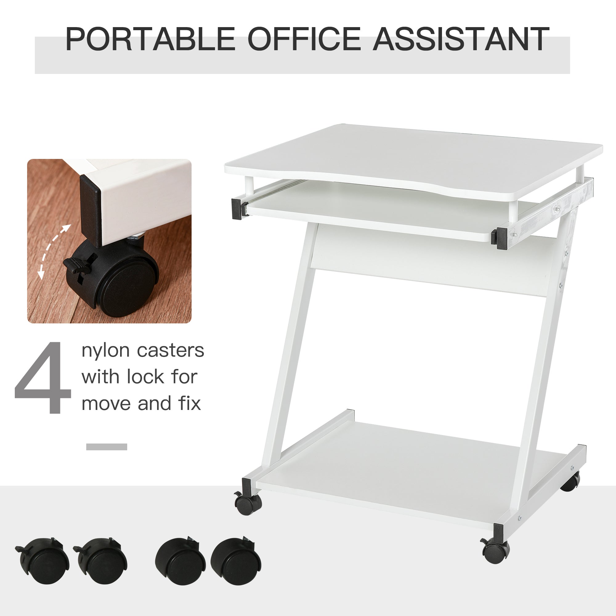 HOMCOM Movable Computer Desk with 4 Moving Wheels Sliding Keyboard Tray Home Office Workstation White - North Peak Garden Furniture
