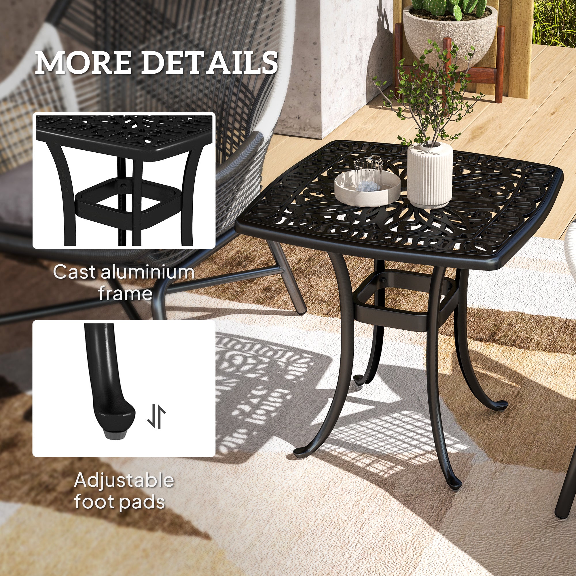 Outsunny Outdoor Garden Table with 38mm Dia. Umbrella Hole, Cast Aluminium Patio End Table with Anti-slip Foot Pads for Garden, Patio, Balcony, 54 x 52.5cm, Black