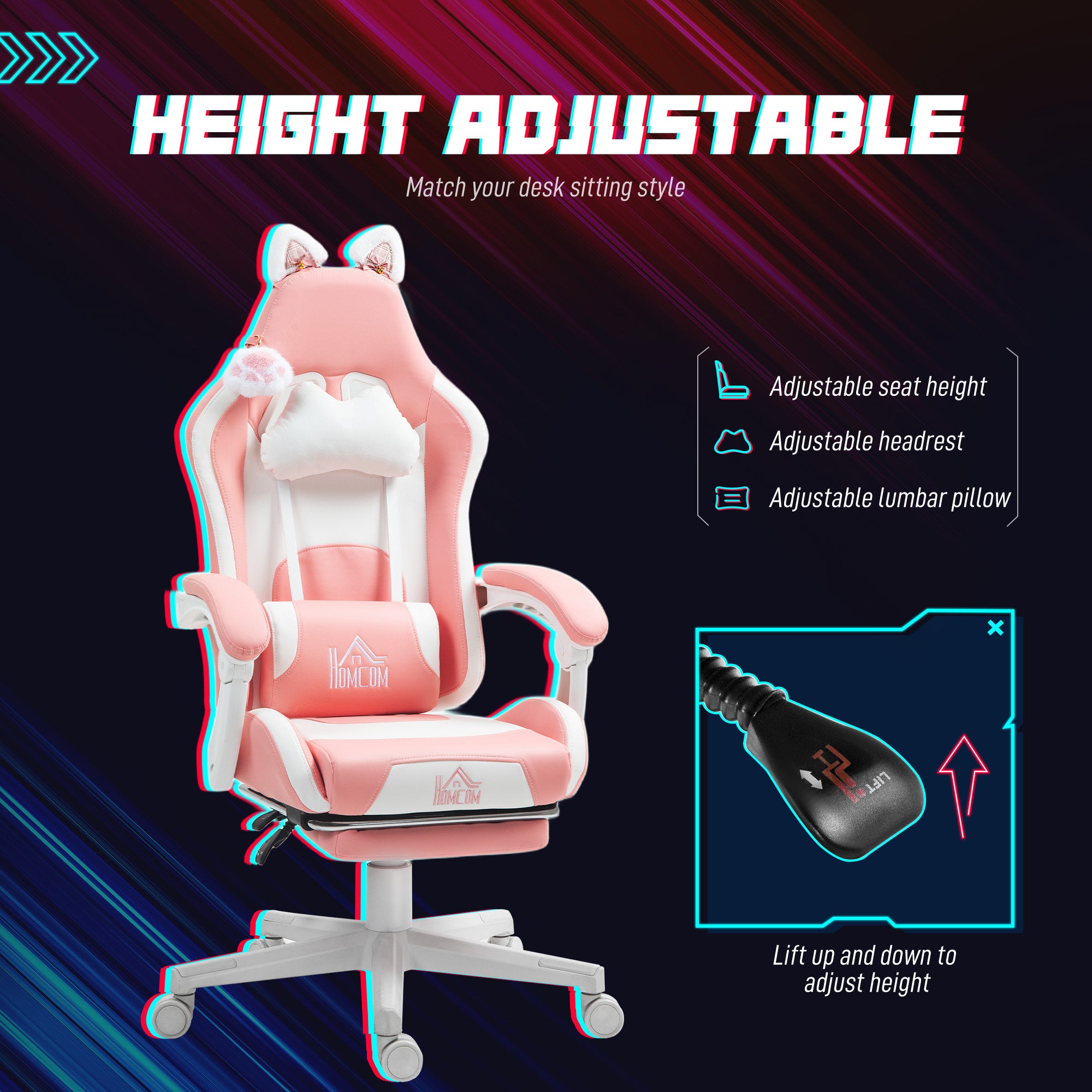 HOMCOM Cat Ear and Paw Reclining Office Chair, with Footrest - Pink/White - North Peak Garden Furniture
