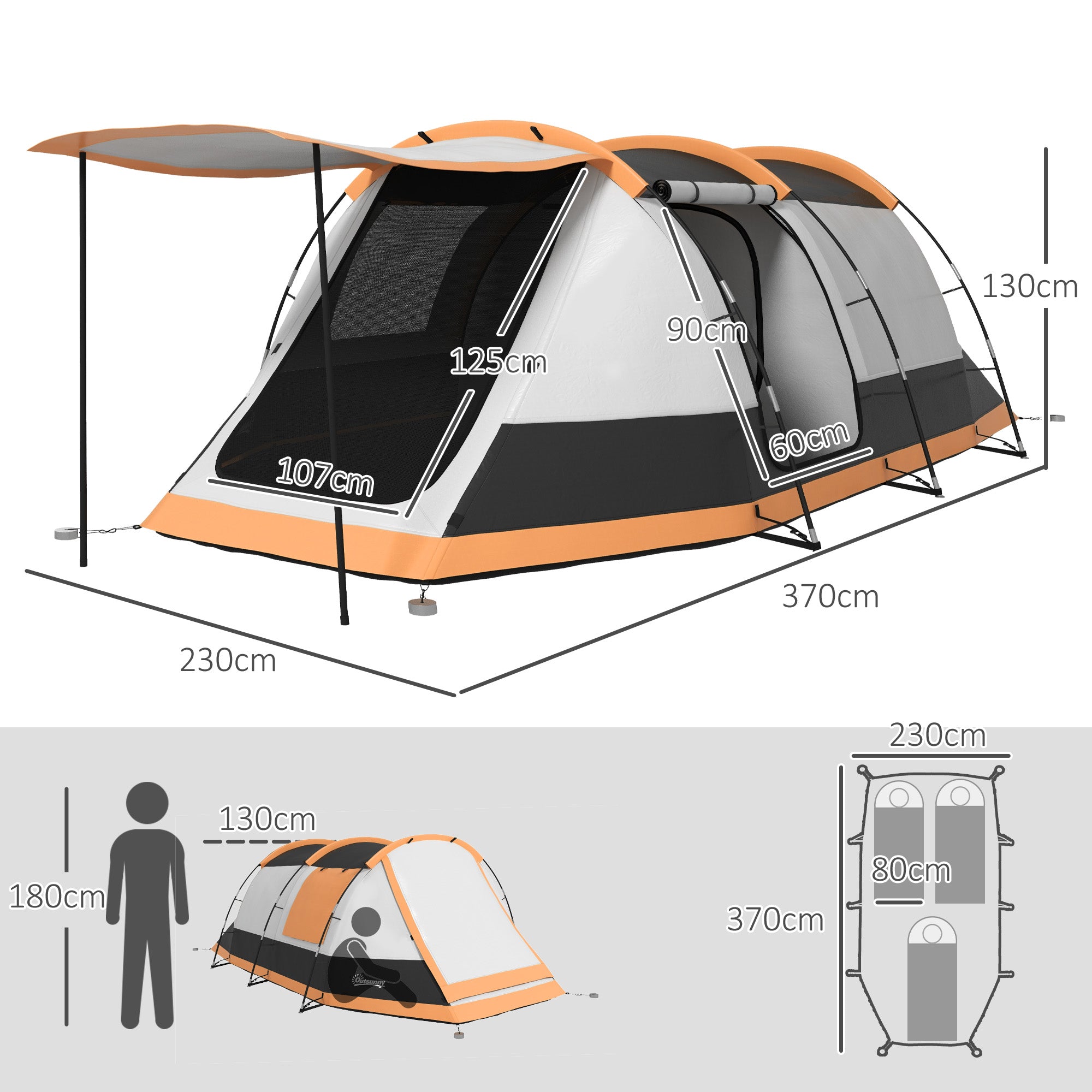 Outsunny Three-Man Camping Tent, with Two Rooms and Porch - Orange - North Peak Garden Furniture
