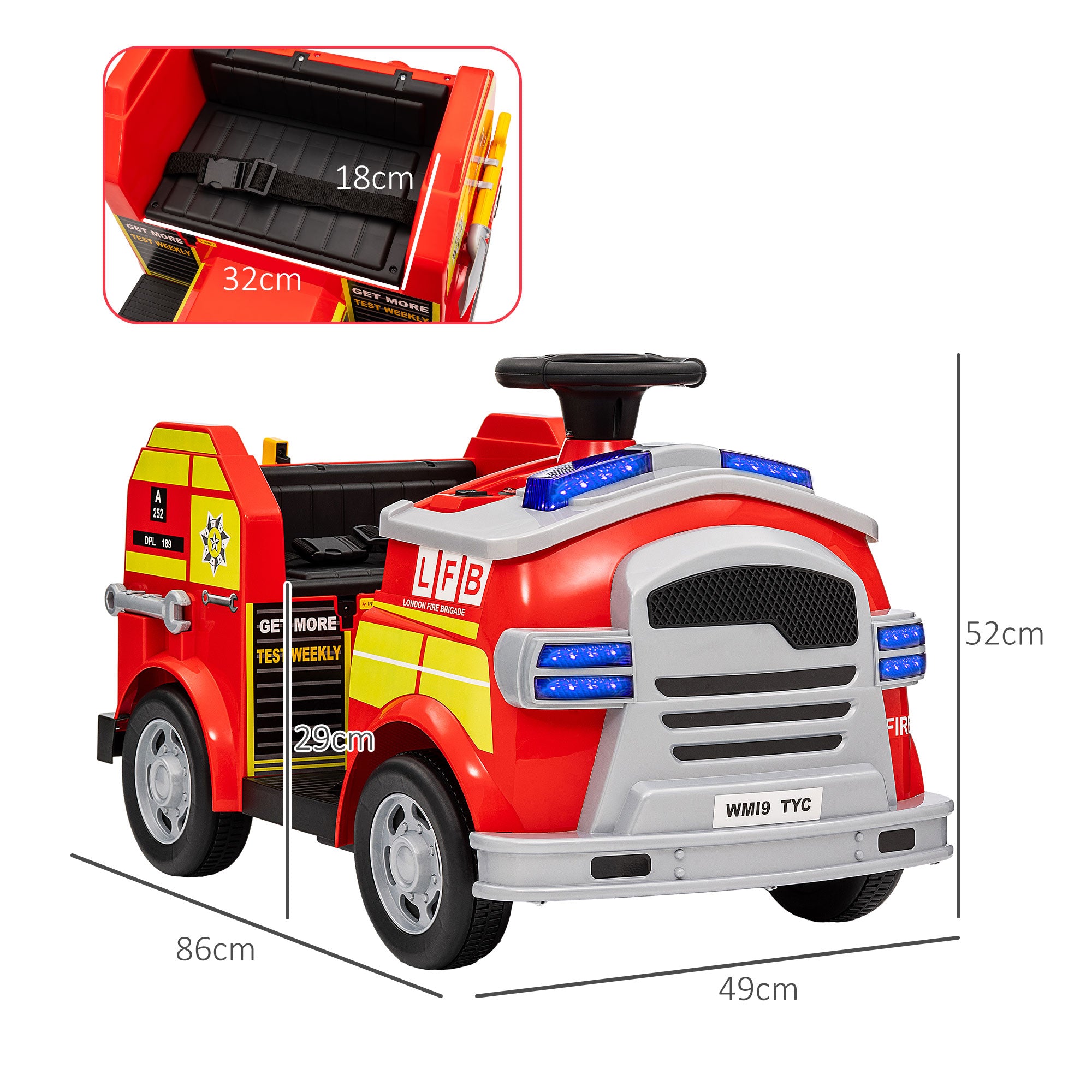 AIYAPLAY Ride on Fire Truck, 12V Kids Electric Car with Siren and Flashing Lights, Firefighting Tools, Music Horn, Slow Start