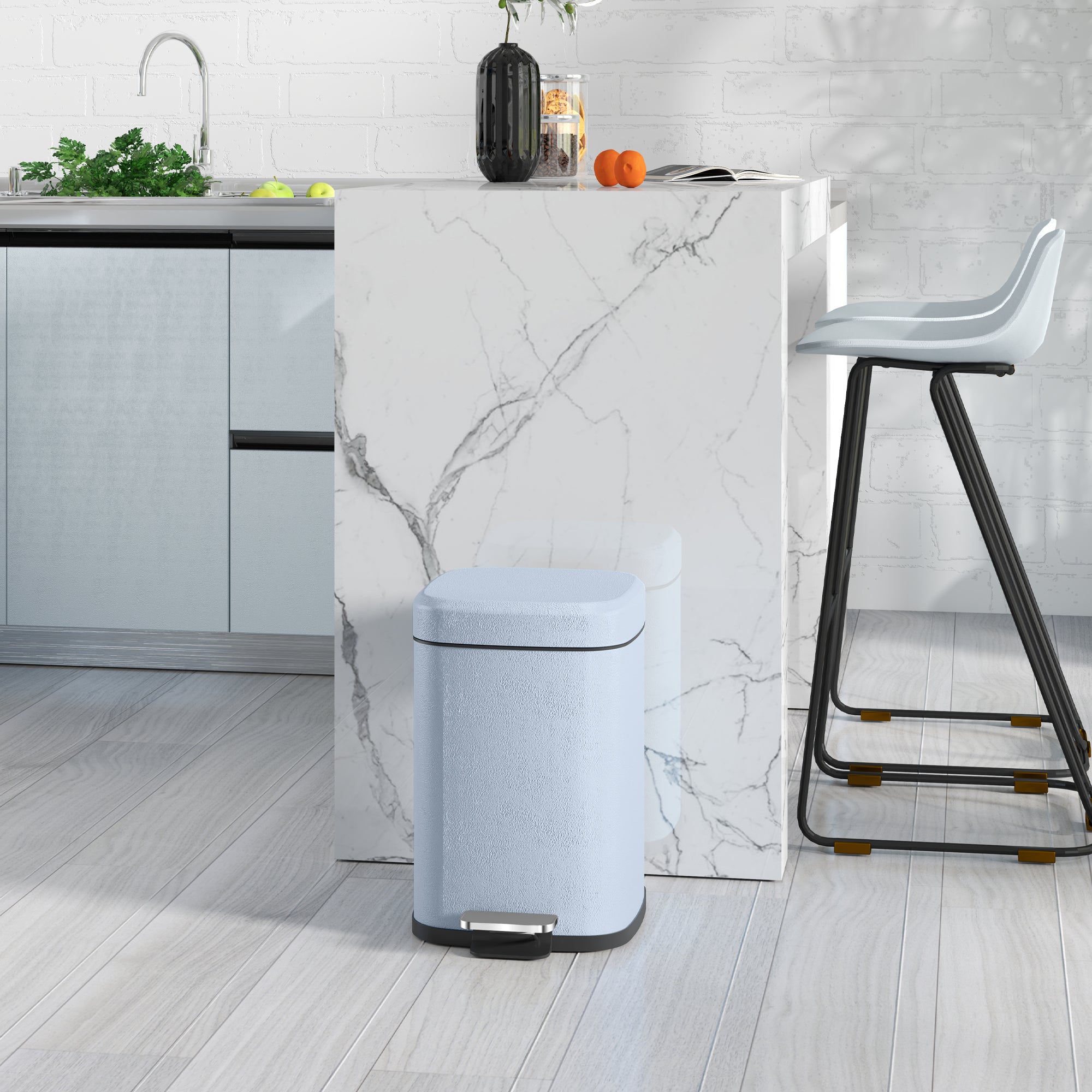 HOMCOM 12L Modern Boxy Metal Home Kitchen Bin - Light Blue - North Peak Garden Furniture
