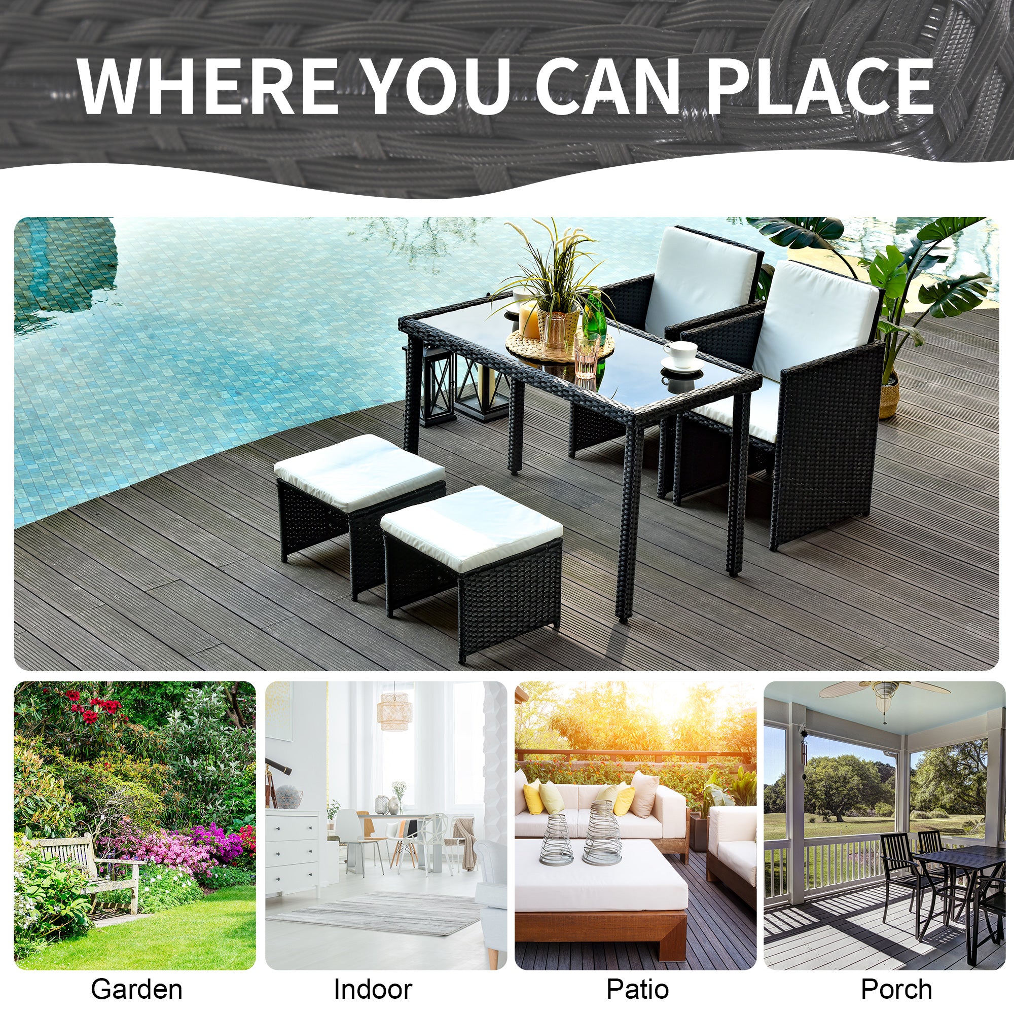 Outsunny 2 Seater Rattan Cube Garden Furniture Set, Rattan Dining Set with Cushions, Outdoor Dining Table and Chairs with 2 Armchairs, 2 Stools, Rectangular Glass Top Table for Patio, Balcony, Black - North Peak Garden Furniture