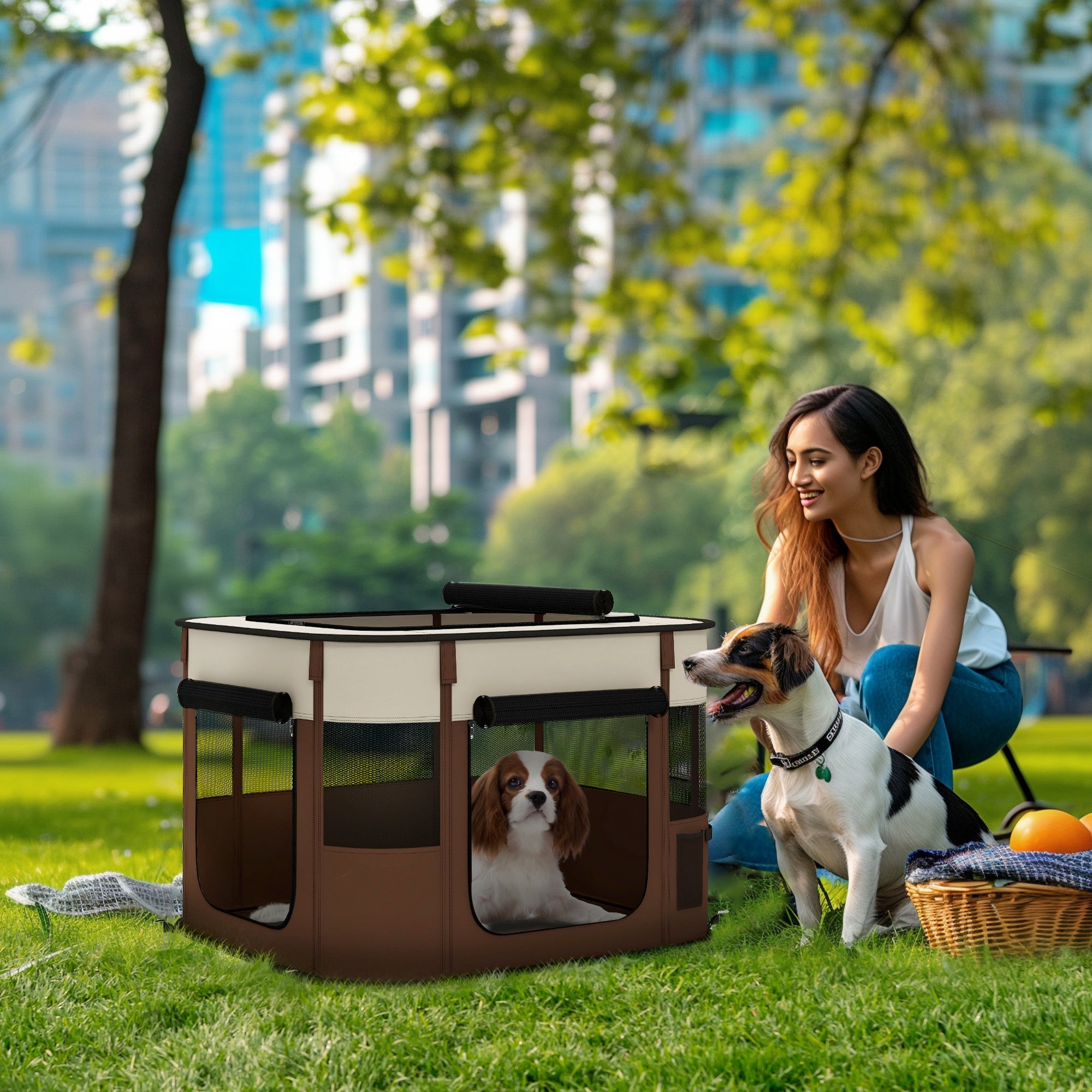 PawHut Foldable Dog Pen with Storage Bag for Indoor/Outdoor Use, Portable Pet playpen, with Ground Stakes - Brown - North Peak Garden Furniture