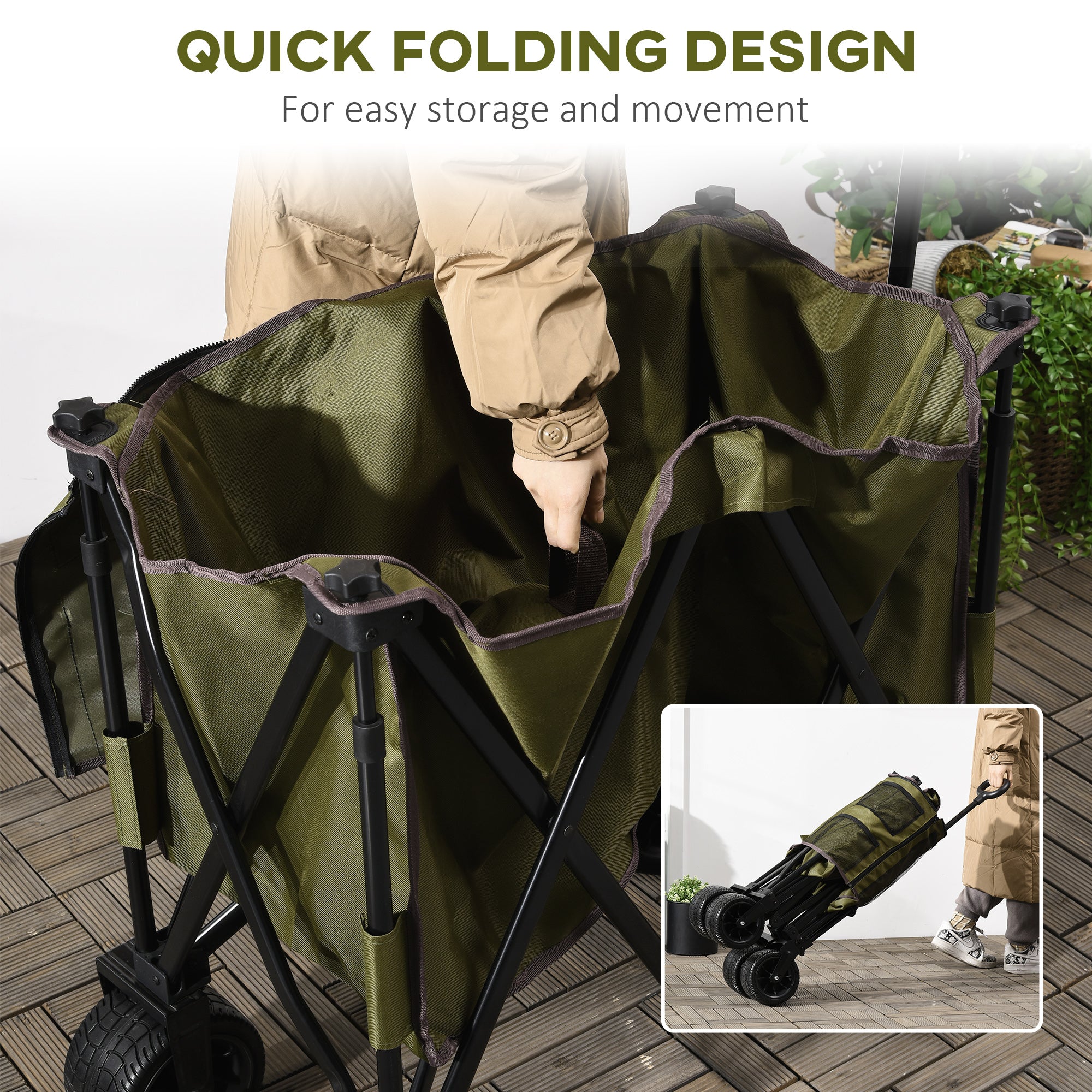 Outsunny Folding Garden Trolley, Cargo Traile on Wheels, Collapsible Camping Trolley, Outdoor Utility Wagon with Steel Frame and Oxford Fabric, Green - North Peak Garden Furniture