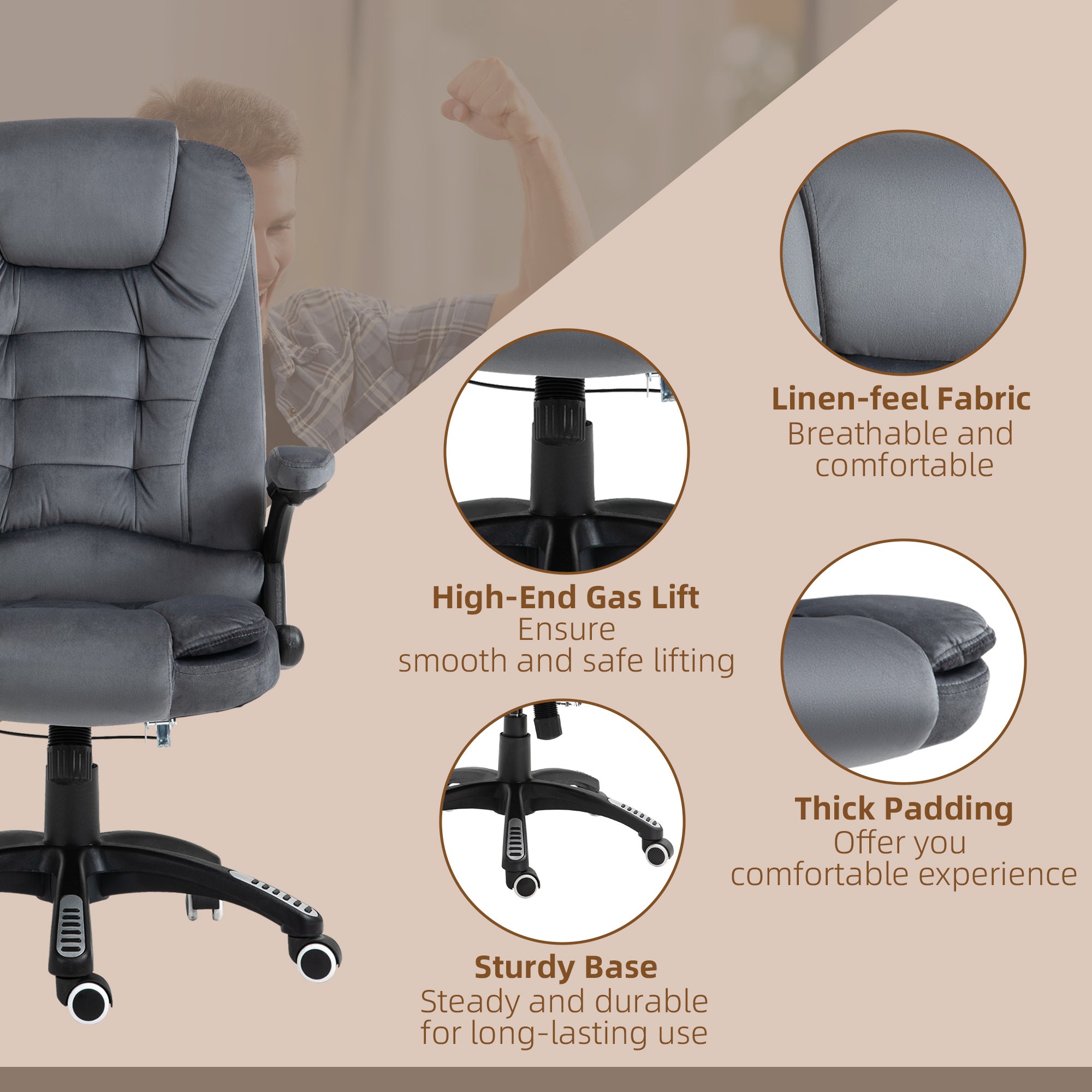 Vinsetto Massage Recliner Chair Heated Office Chair with Six Massage Points Velvet-Feel Fabric 360° Swivel Wheels Grey