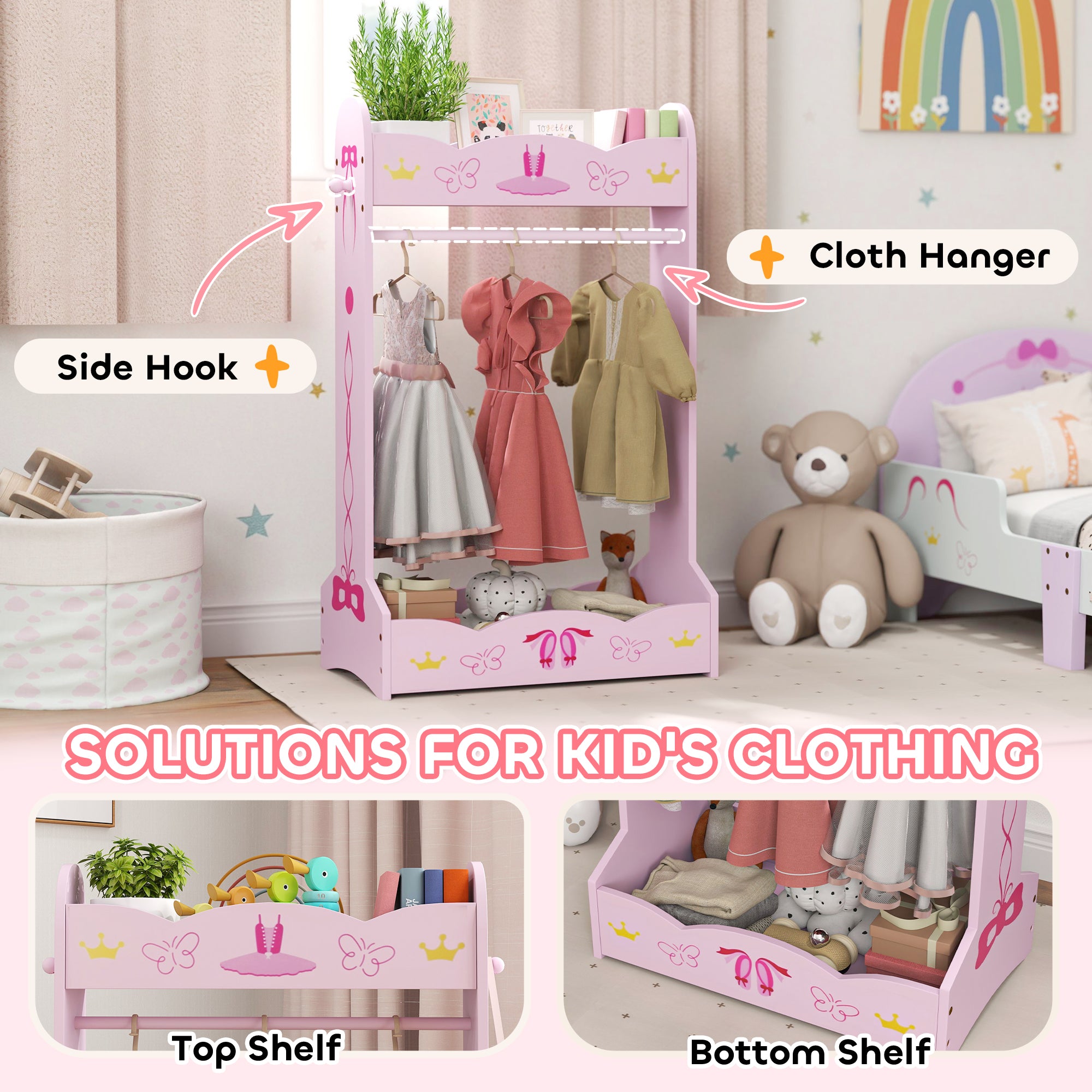 AIYAPLAY Kids Clothes Rail, Kids Dressing Mirror with 360° Rotating, 2 Piece Kids Furniture Set with Storage Shelves, Pink