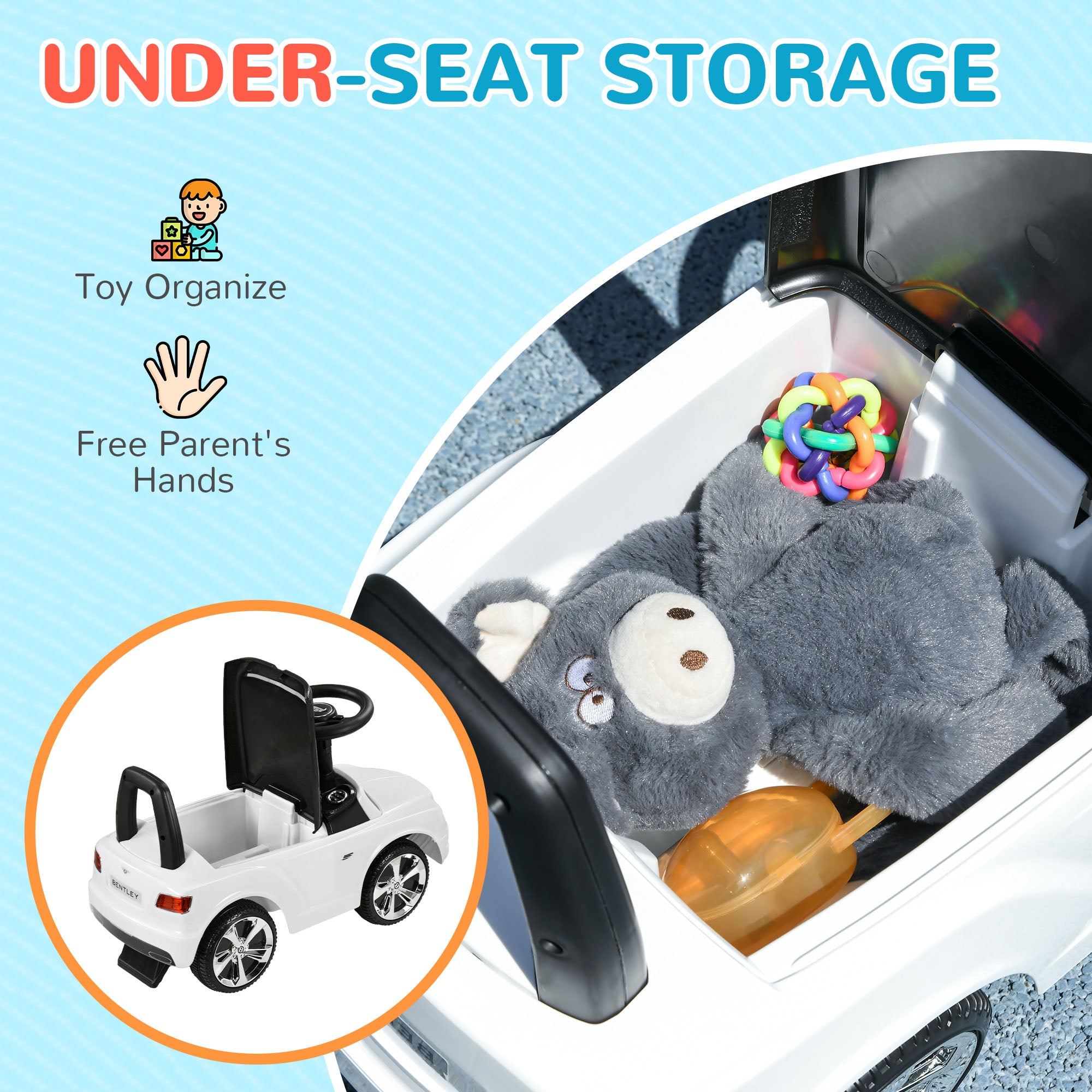 AIYAPLAY Bentley Bentayga Licensed Foot to Floor Ride on Car, Sliding Car Push Along Car w/ Under Seat Storage - White - North Peak Garden Furniture