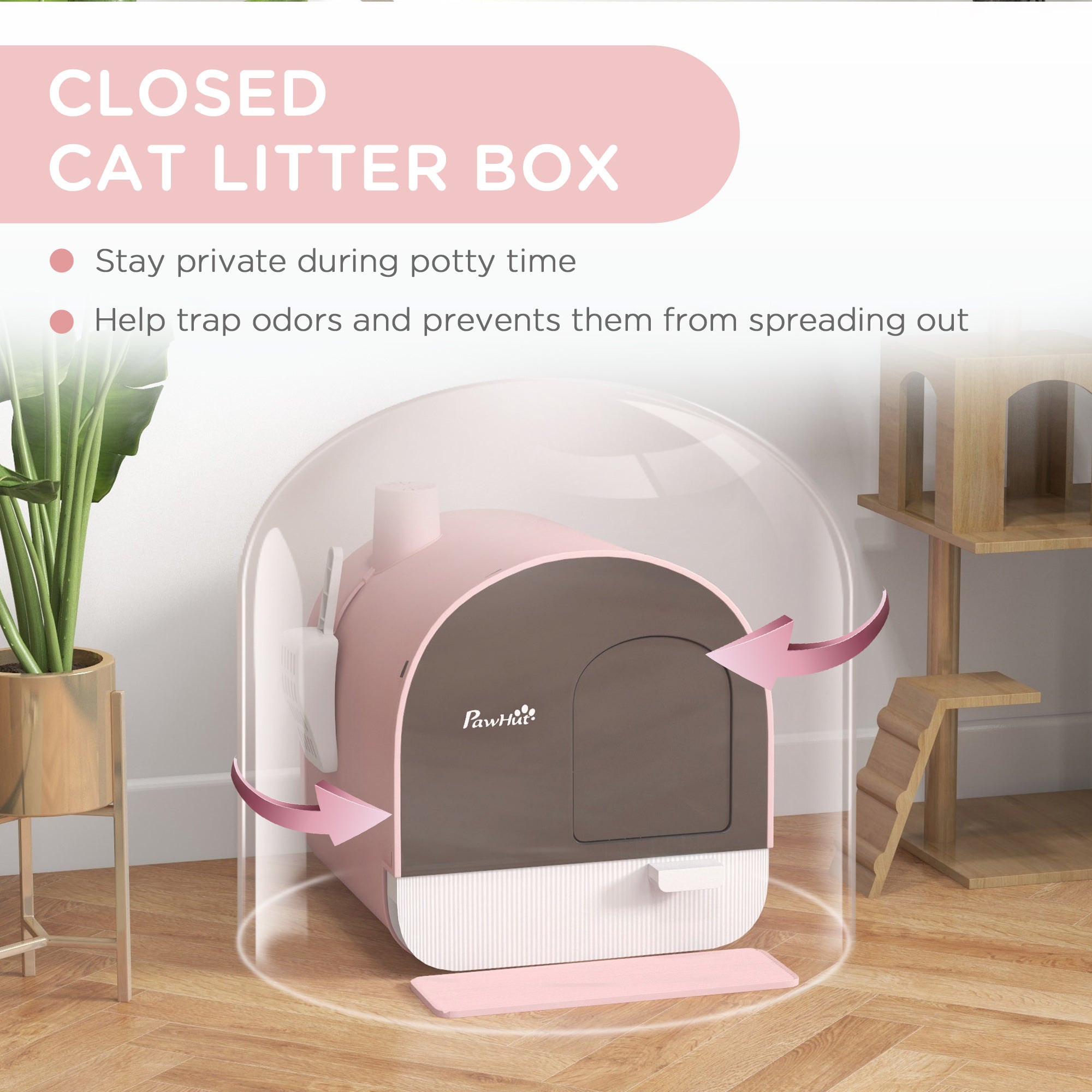 PawHut Hooded Cat Litter Box, Kitten Litter Tray, with Lid, Scoop, Filter, Flap Door, Pink - North Peak Garden Furniture