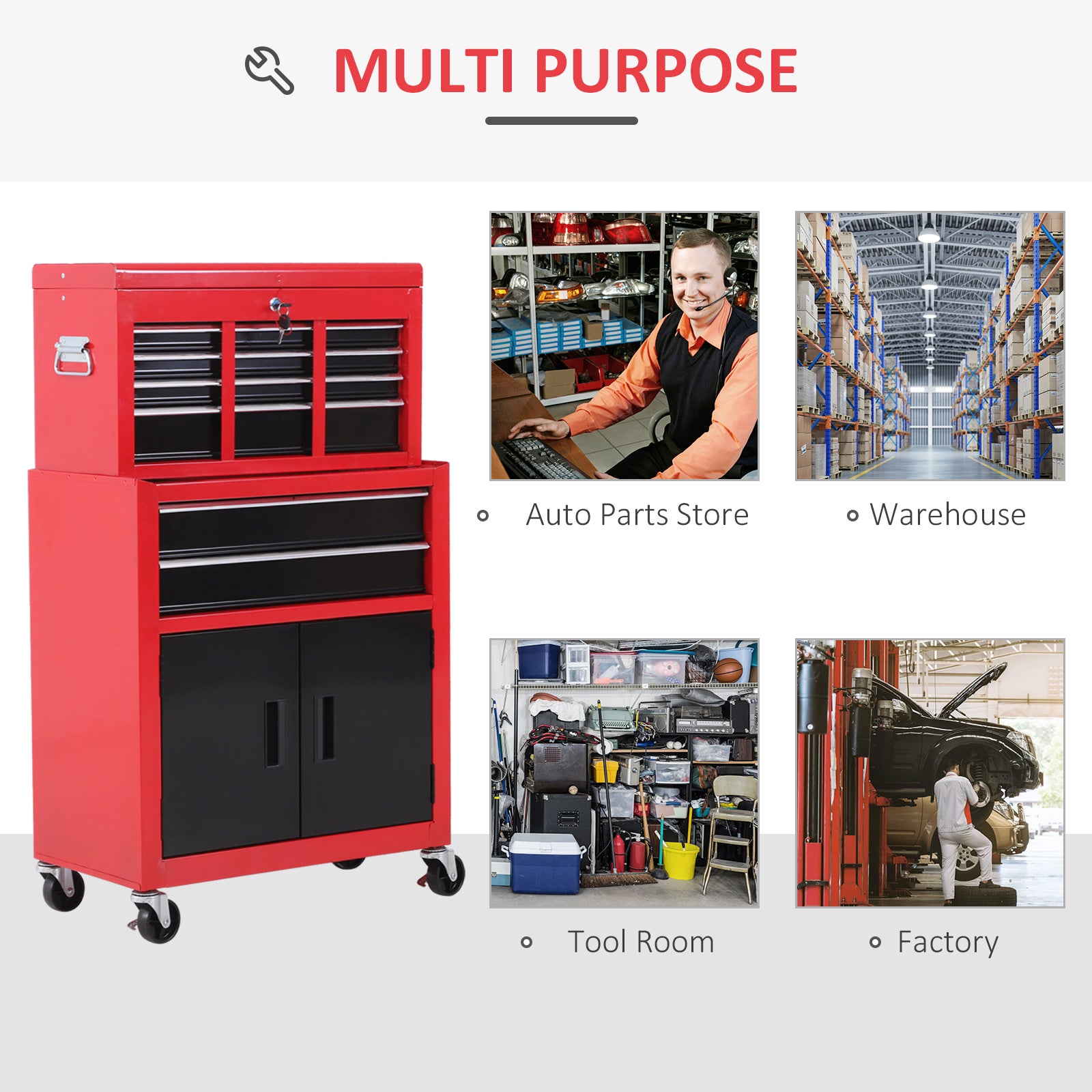 HOMCOM Tool Chest, Metal Tool Cabinet on Wheels with 6 Drawers, Pegboard, Top Chest and Roller Cabinet Combo, 61.6 x 33 x 108cm, Red - North Peak Garden Furniture