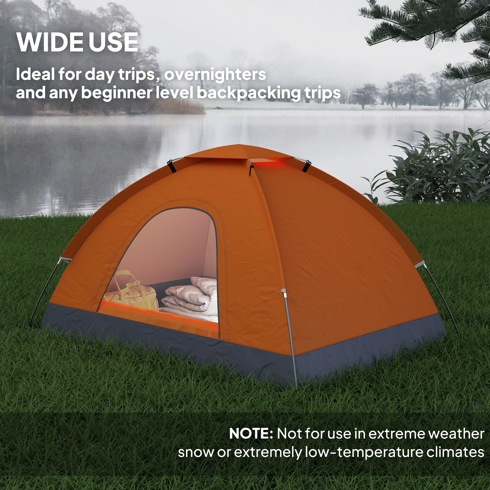 Outsunny 2 Person Camping Tent, Dome Tent with Zipped Doors, Storage Pocket, Portable Handy Bag, Orange - North Peak Garden Furniture