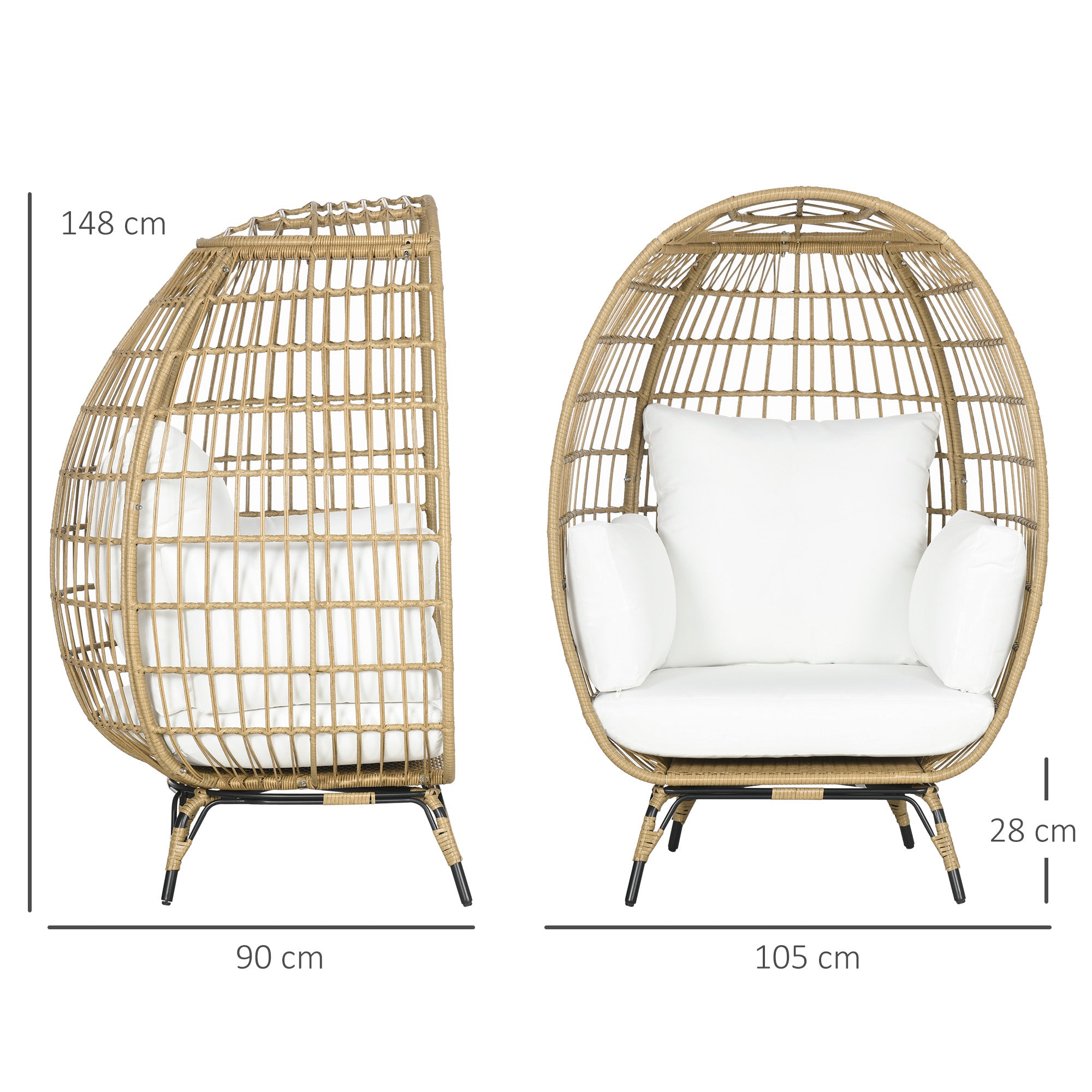Outsunny PE Rattan Outdoor Egg Chair, Round Wicker Weave Teardrop Chair with Thick Padded Cushions for Sunroom, Garden, Khaki - North Peak Garden Furniture