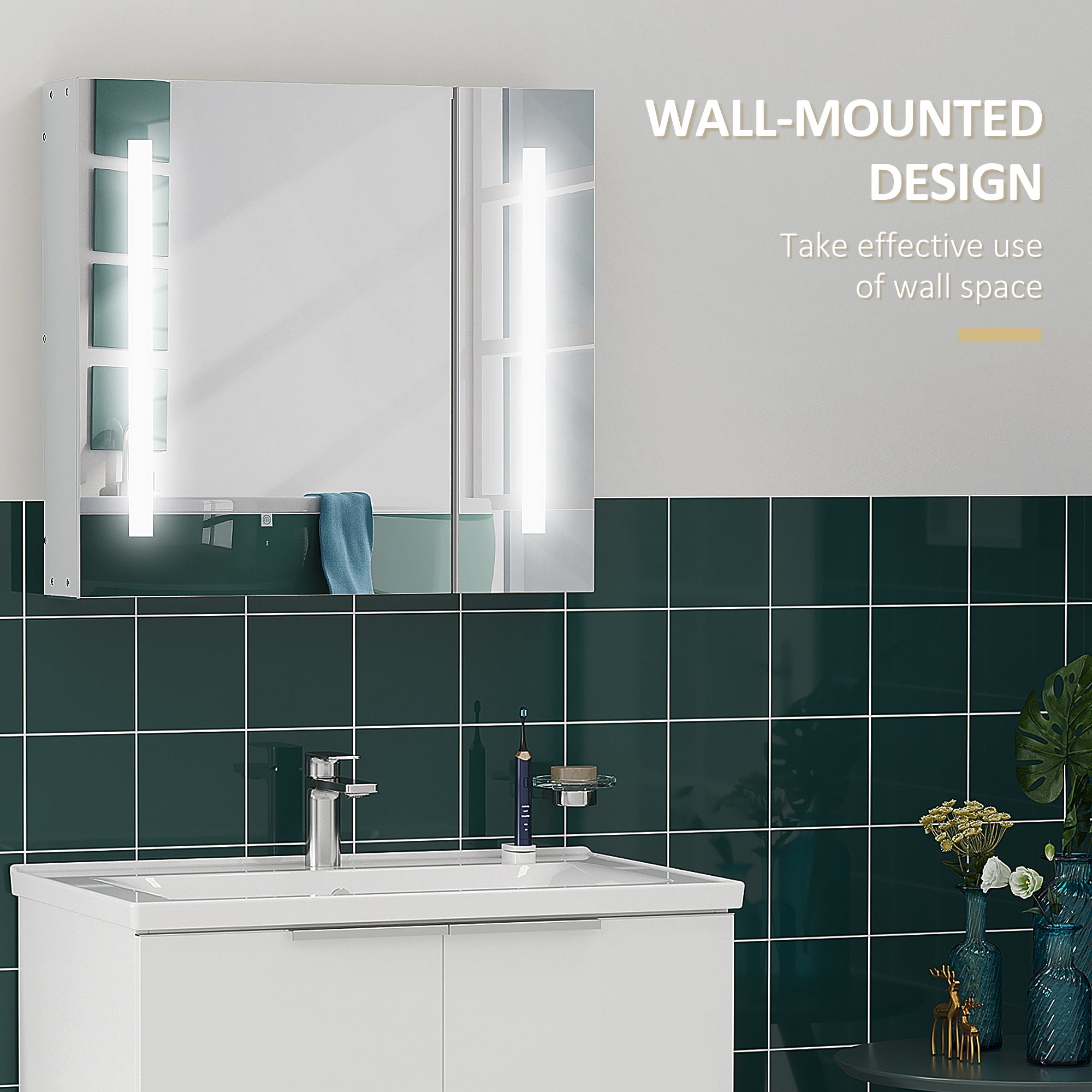 Illuminated Bathroom Mirror Cabinet 650 x 700Hmm LED Bathroom Mirror with Lights Touch Switch, Adjustable Shelf, USB Charge, White - North Peak Garden Furniture