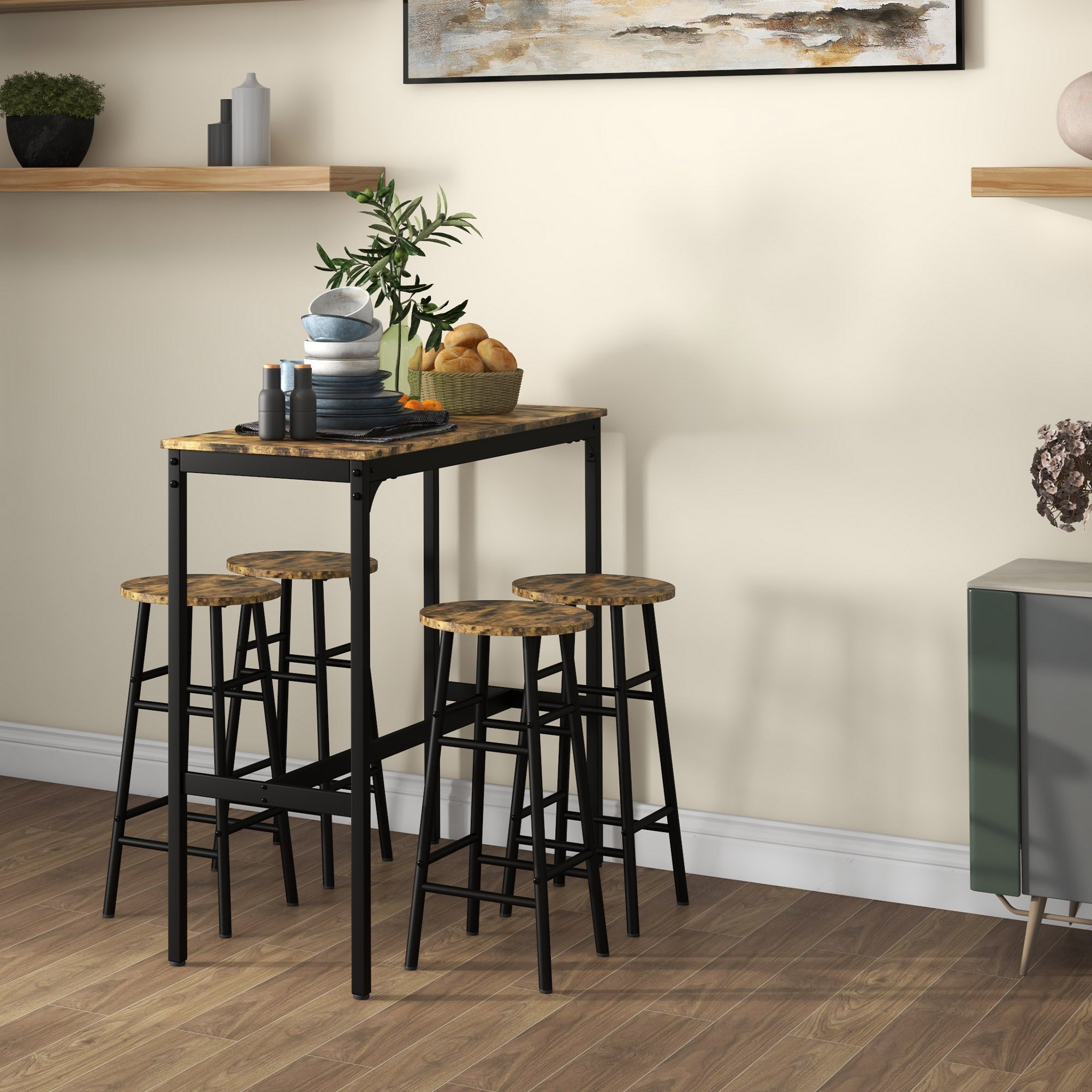 HOMCOM 5 Piece Bar Table Set with 4 Stools, Industrial Bar Table and Stool Set, Dining Table and Chair Set, Rustic Brown - North Peak Garden Furniture