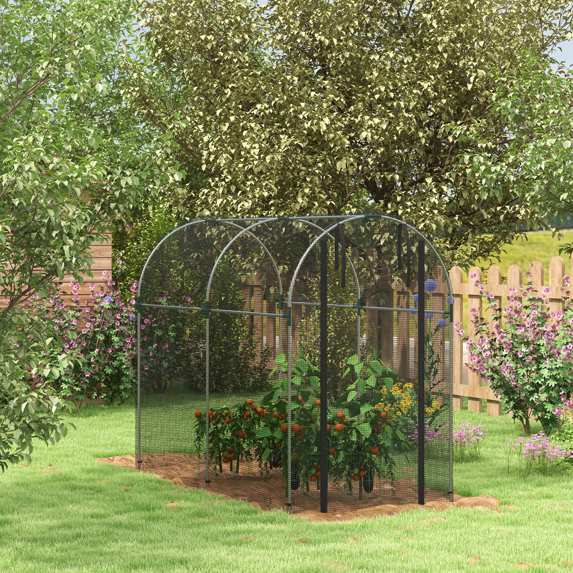 Outsunny Galvanised Steel Fruit Cage, Plant Protection Tent with Zipped Door, 1.2 x 2.4 x 1.9m, Black - North Peak Garden Furniture