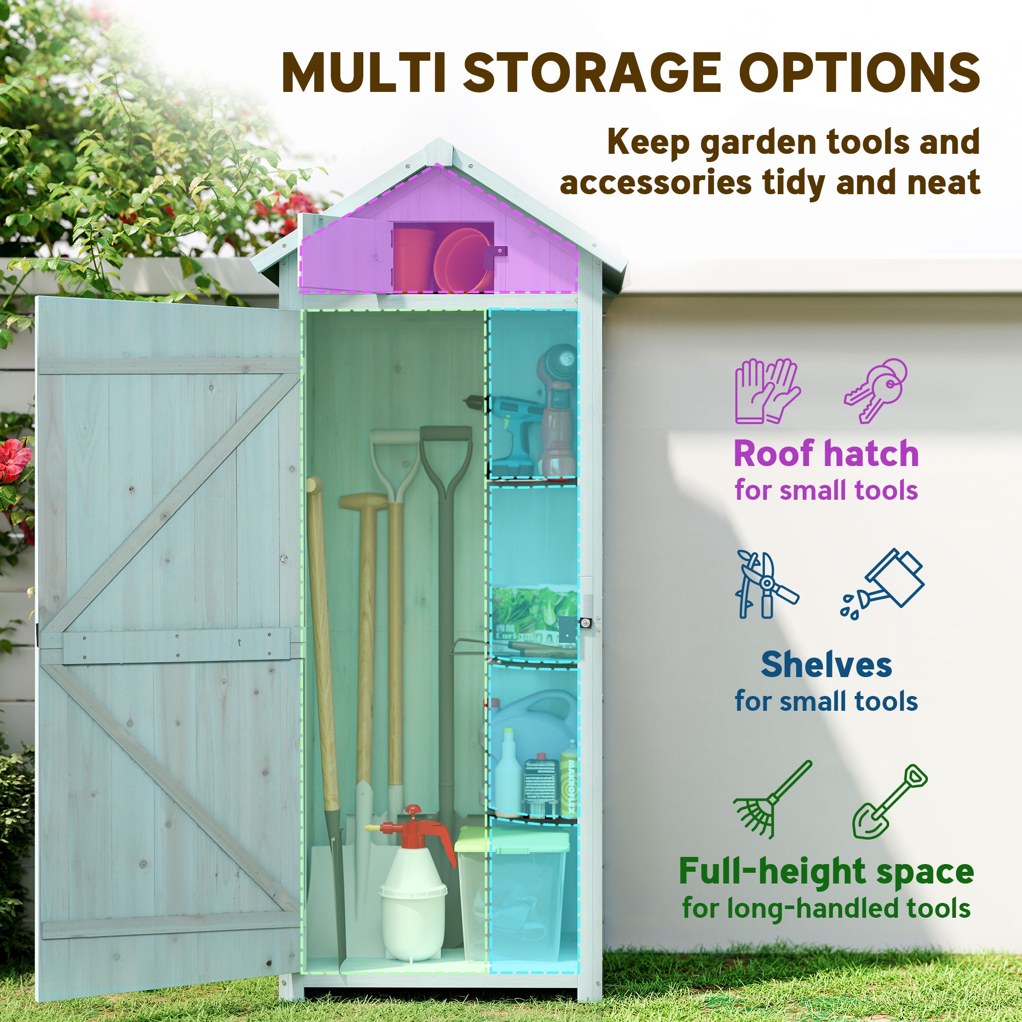 Outsunny Garden Shed Vertical Utility 3 Shelves Shed Wood Outdoor Garden Tool Storage Unit Storage Cabinet, 77 x 54.2 x 179cm - Blue