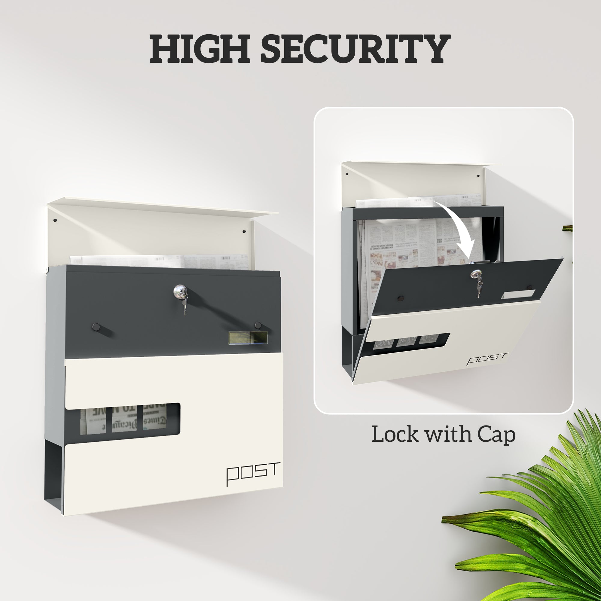 HOMCOM Locking Galvanised Steel Letterbox - White/Black - North Peak Garden Furniture