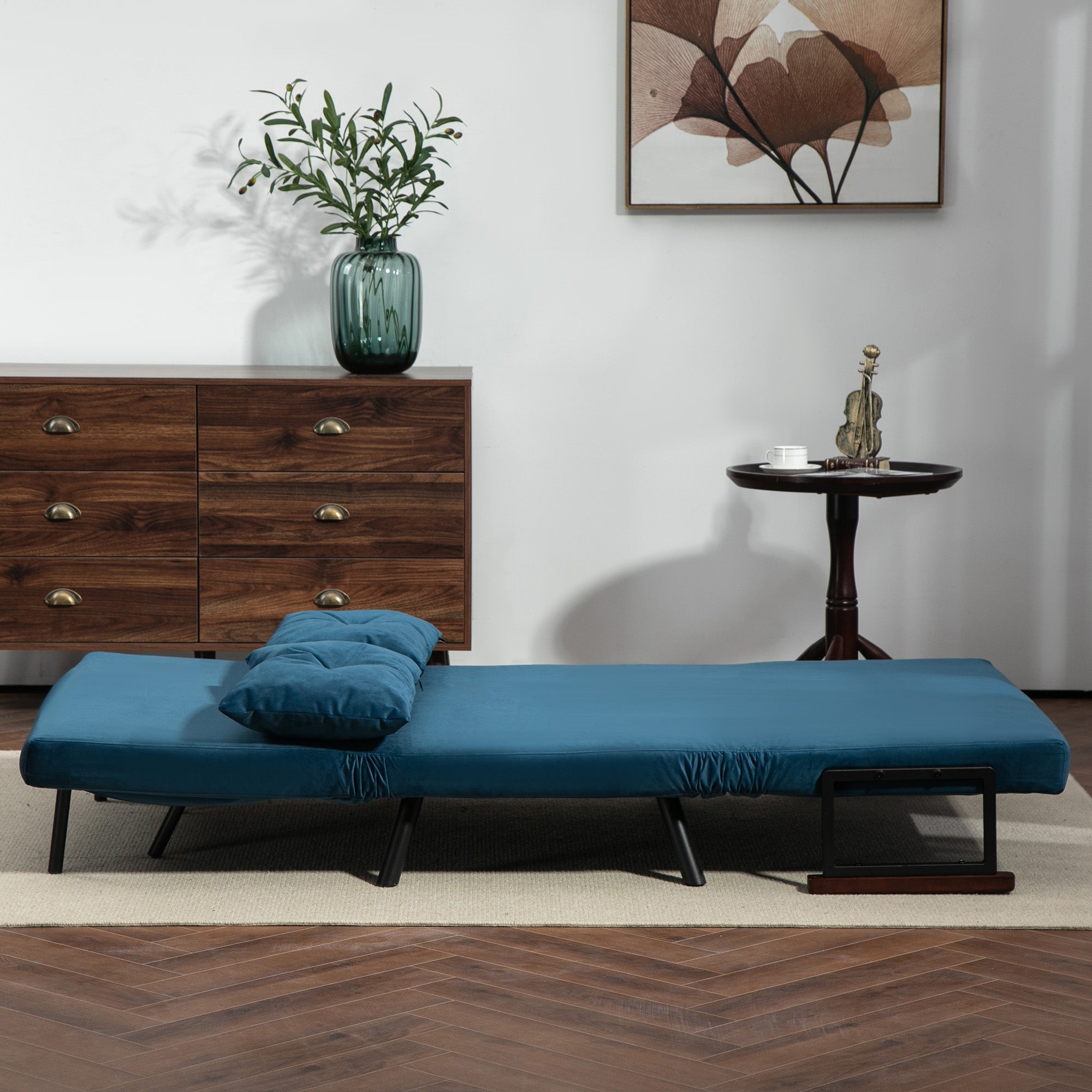 HOMCOM 4-in-1 Velvet-Feel Double Sofa Bed, with Pillows - Blue - North Peak Garden Furniture