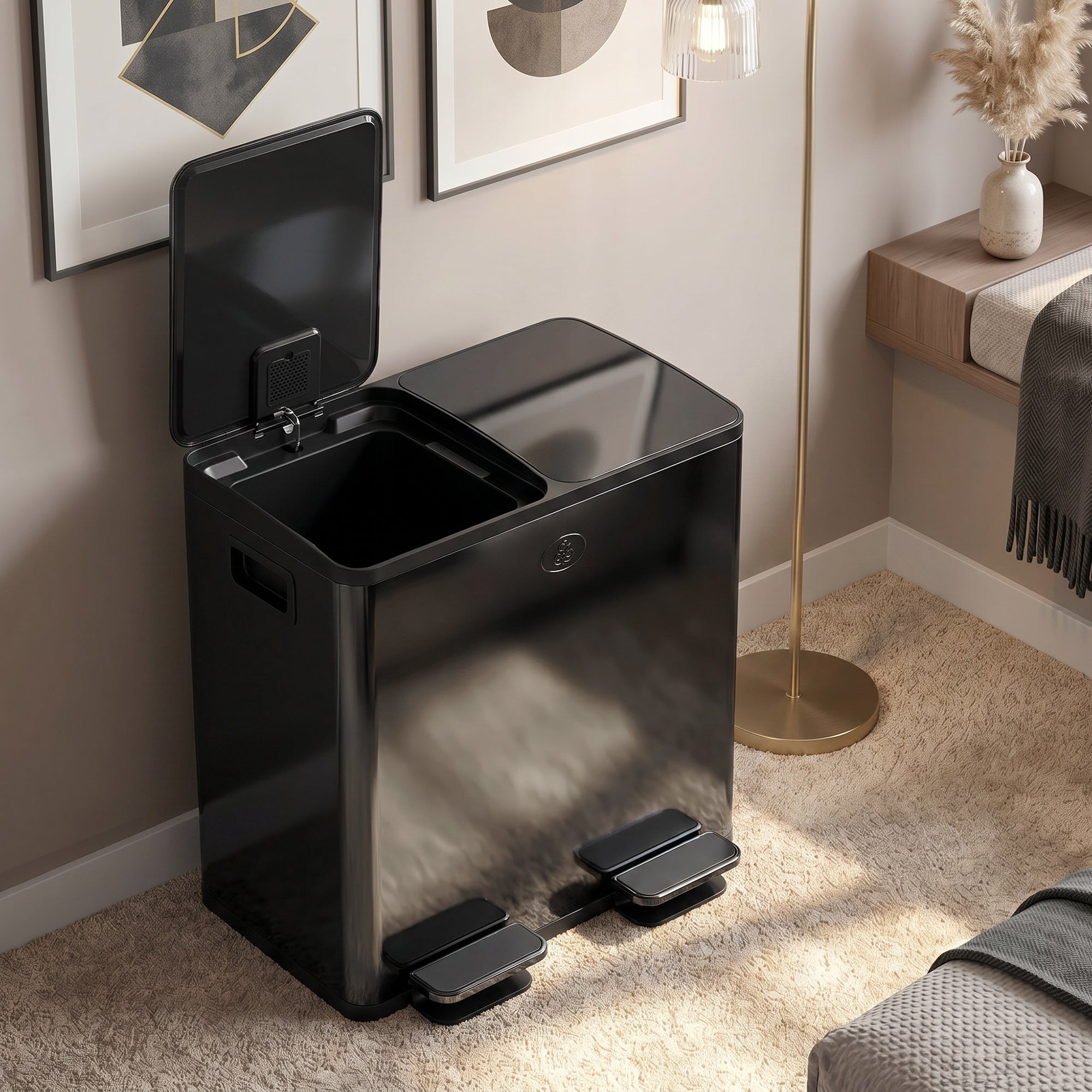 HOMCOM 40L Dual Compartment Stainless Steel Bin, with Deodoriser Holders - Black