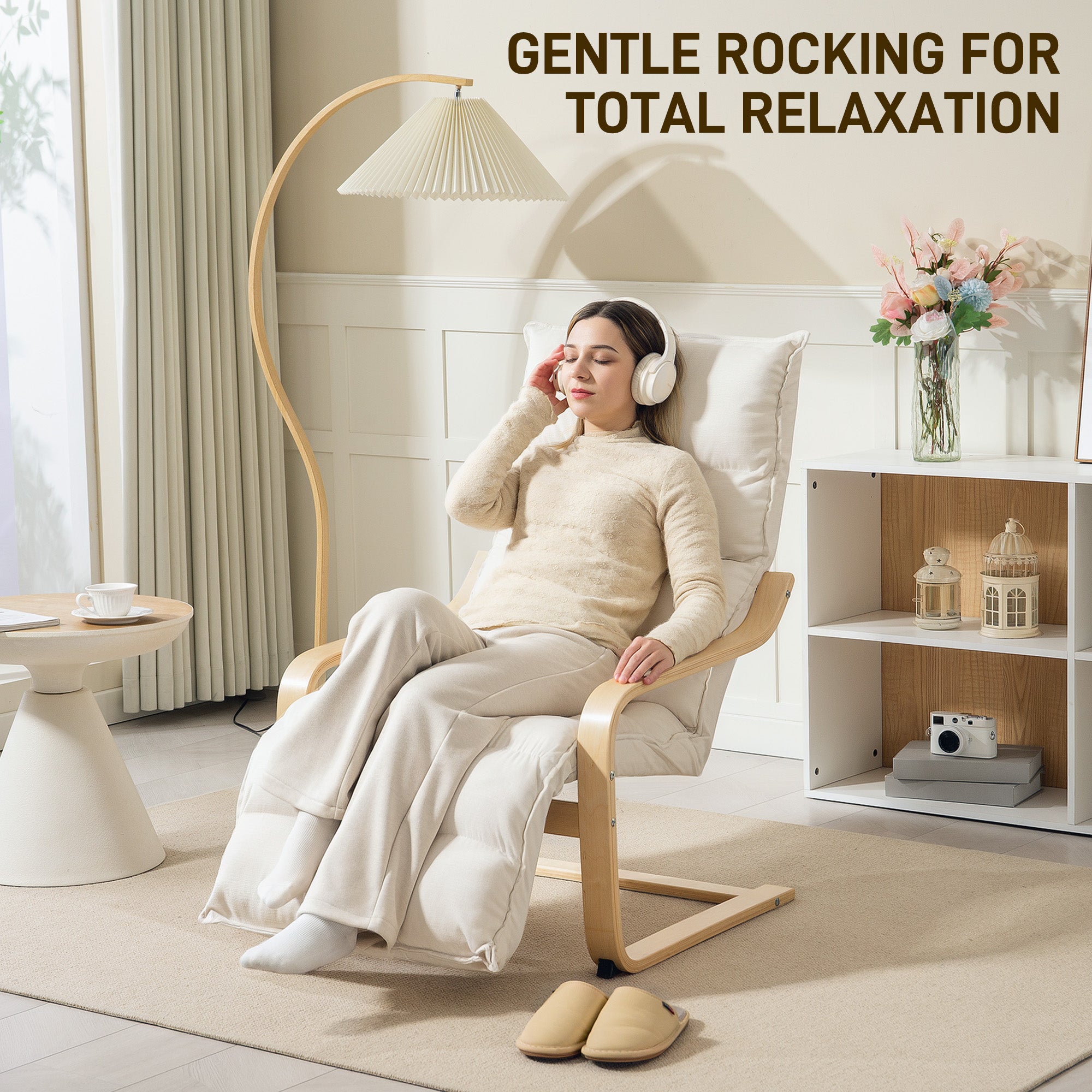 HOMCOM Curved Wooden Accent Chair, with Adjustable Footrest - Cream White - North Peak Garden Furniture