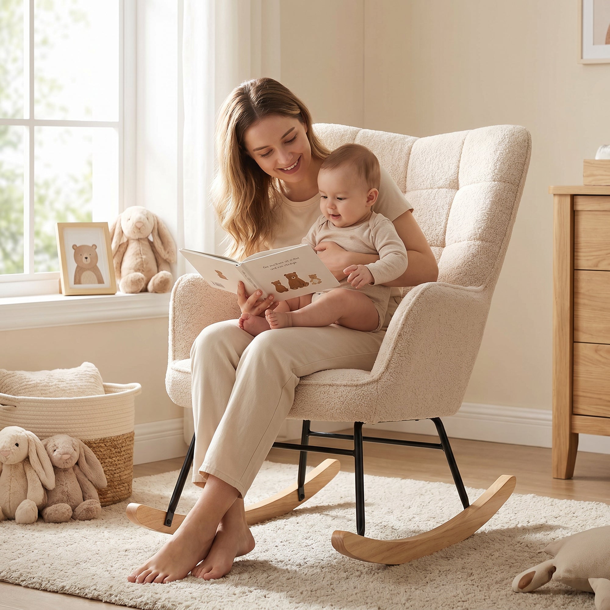 HOMCOM Berber Fleece Nursery Glider Rocker for Nursing, Wingback Rocking Chair for Living Room, Beige