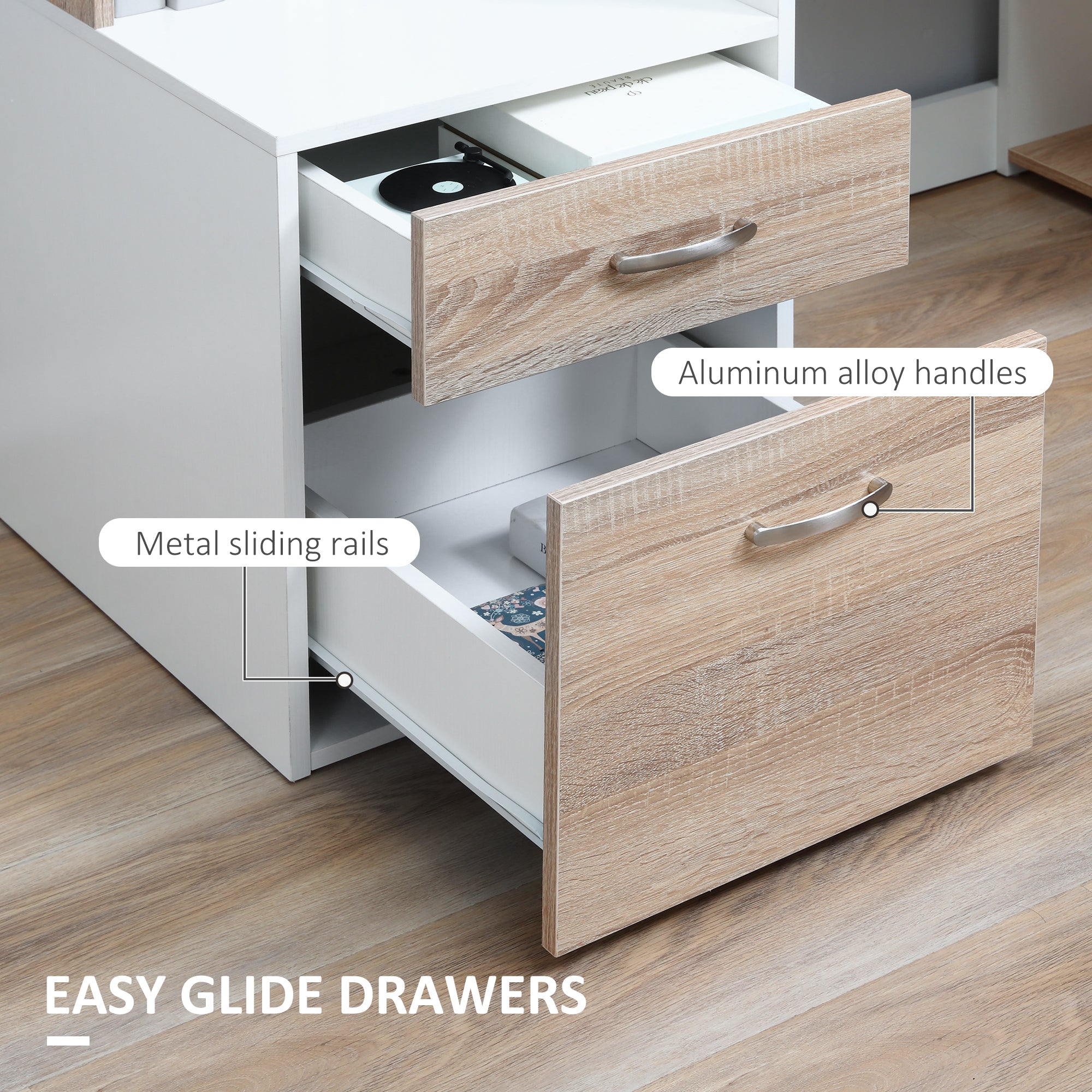 HOMCOM Computer Desk with Drawers and Storage Shelves, Reception Desk, Study Workstation for Home Office, 137 x 55 x 92cm, Oak and White - North Peak Garden Furniture