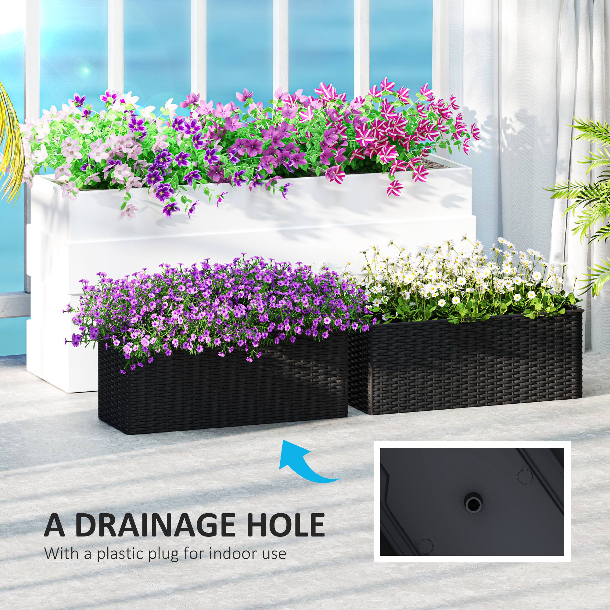 Outsunny Set of Two Rattan-Effect Planters - Black - North Peak Garden Furniture