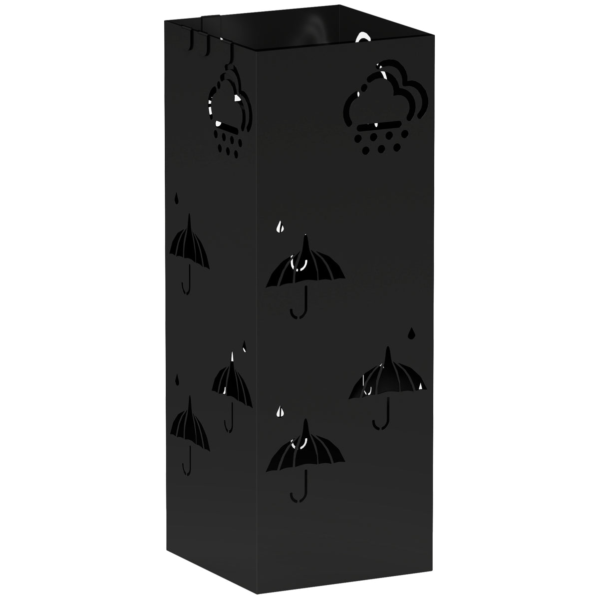 HOMCOM Metal Umbrella Stand, Square Umbrella Holder with Removable Drip Tray and 4 Hooks, Decorative Umbrella Storage Rack for Hallway, Entryway, 15.5 x 15.5 x 41 cm, Black
