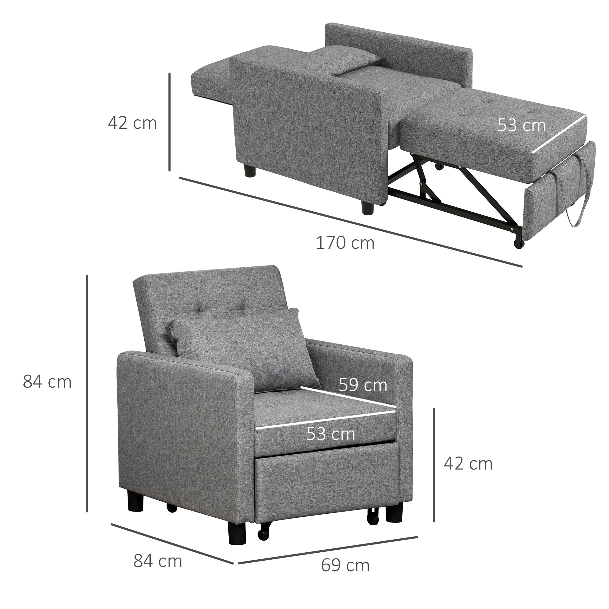 HOMCOM 3-In-1 Chair Bed, Convertible Sleeper Chair with Adjustable Backrest, Pillow and Footrest for Living Room, Grey - North Peak Garden Furniture