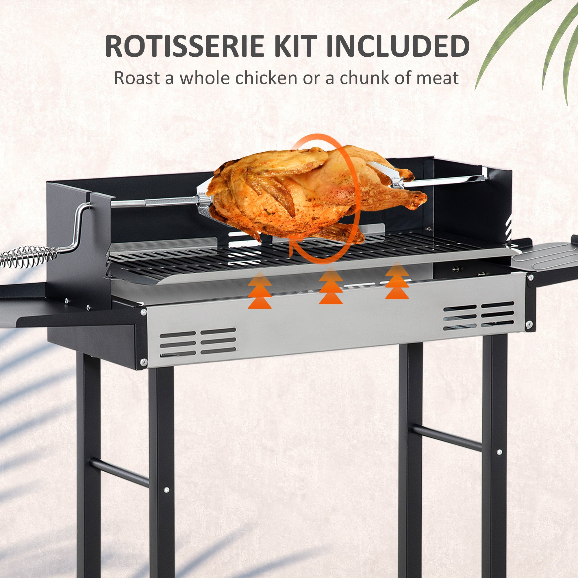 Outsunny BBQ Rotisserie Grill Roaster Charcoal Spit Roasting Machine for Chicken Turkey with 3-Level Grill Grate and Foldable Side Shelves, Stainless Steel