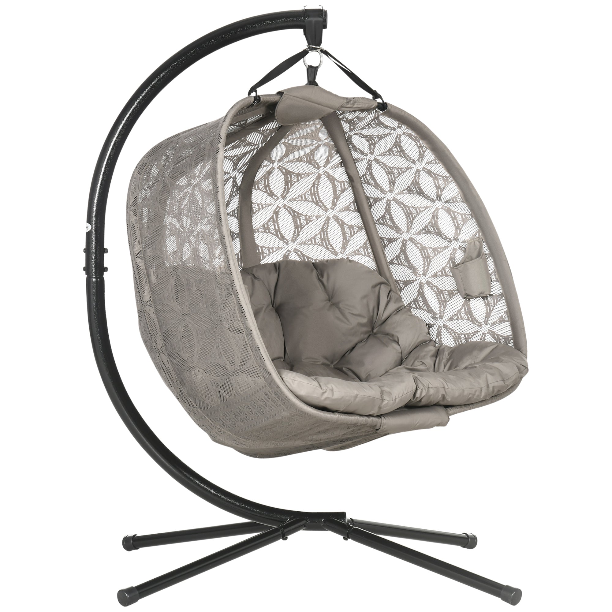 Outsunny Outdoor Double Hanging Chair, Swing Chair with Metal Stand, Thick Padded Cushion, Foldable Basket and Cup Holders, for Indoor and Outdoor, Sand Brown - North Peak Garden Furniture