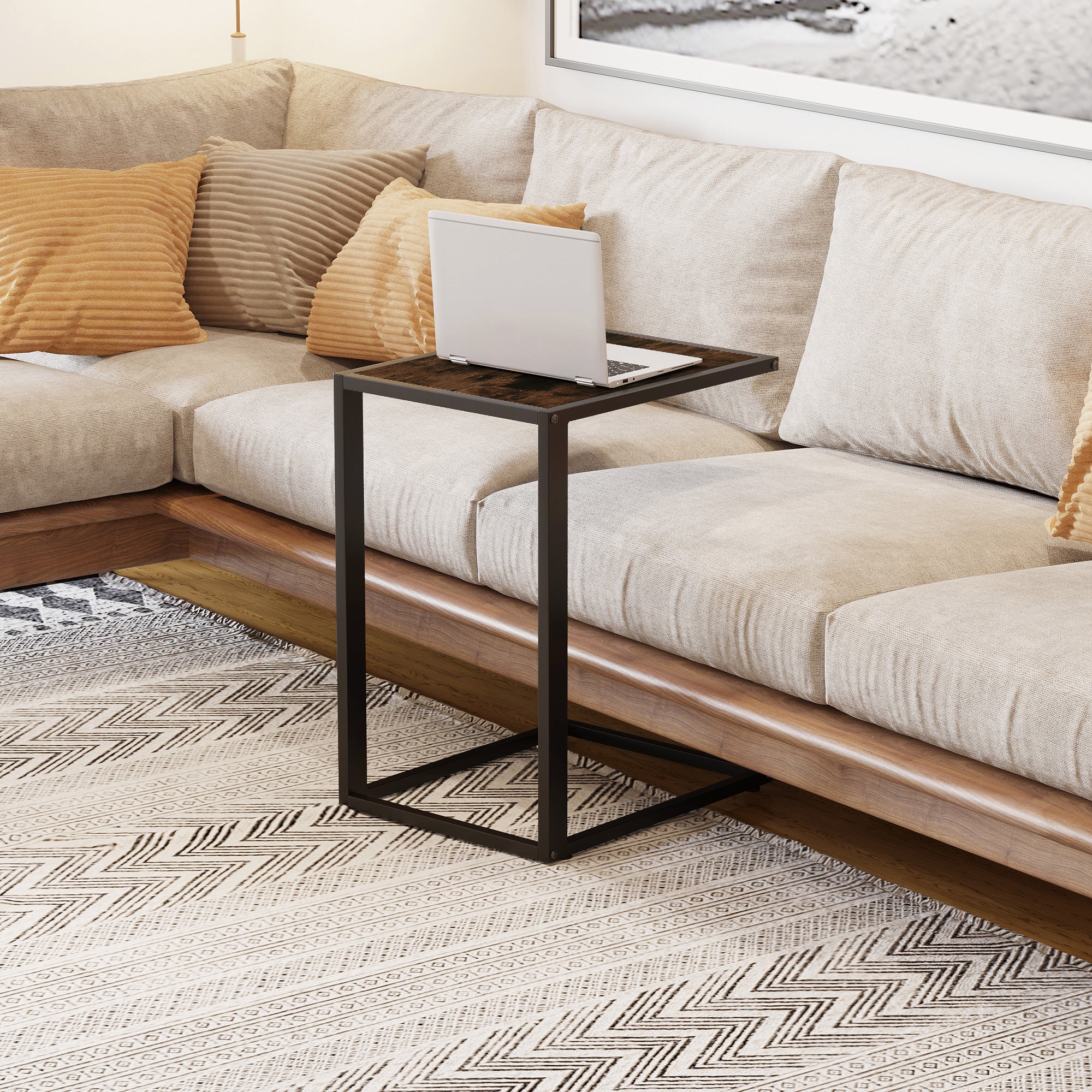 HOMCOM C-Shaped Side Table, Sofa End Table with Metal Frame, Accent Couch Table for Living room, Bedroom, Brown and Black - North Peak Garden Furniture